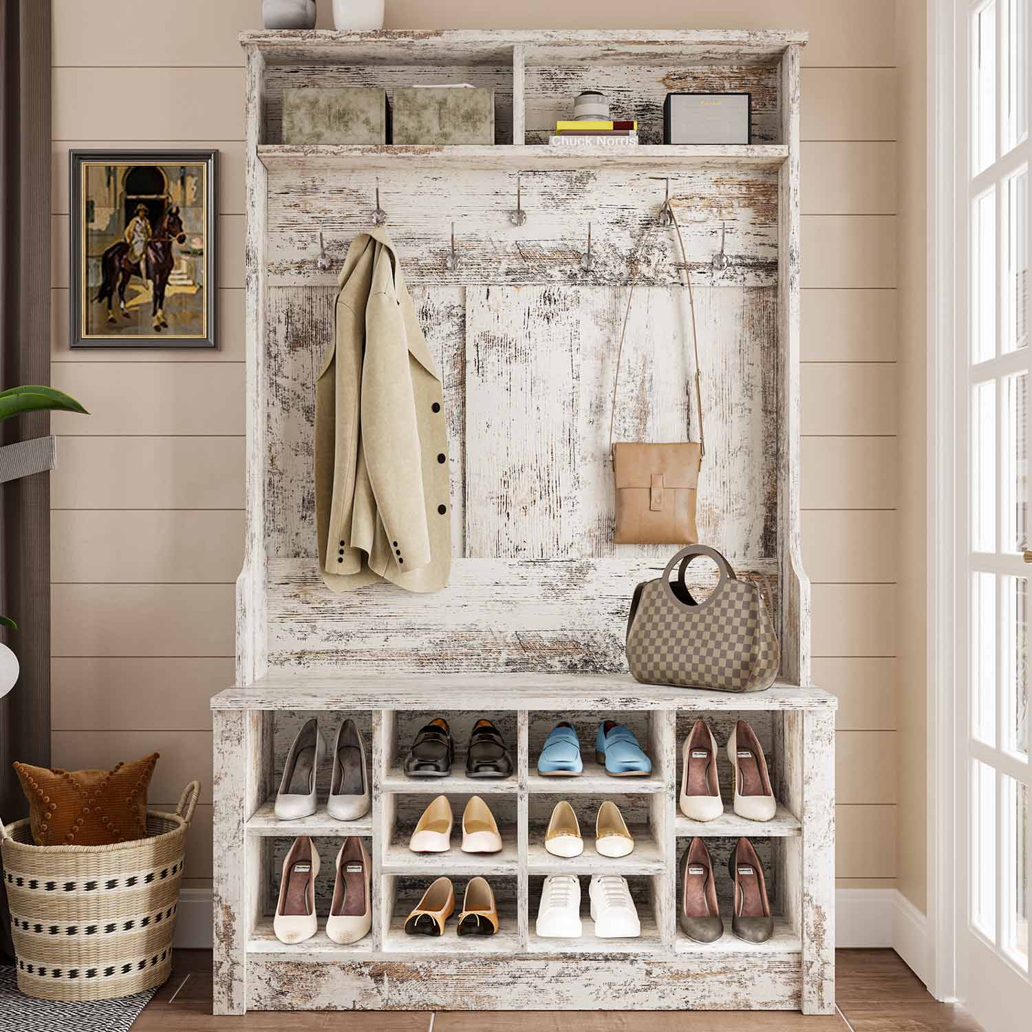 Sikaic Hall Tree Hall Tree with Storage 3-in-1 Entryway Bench Embossed Vintage White
