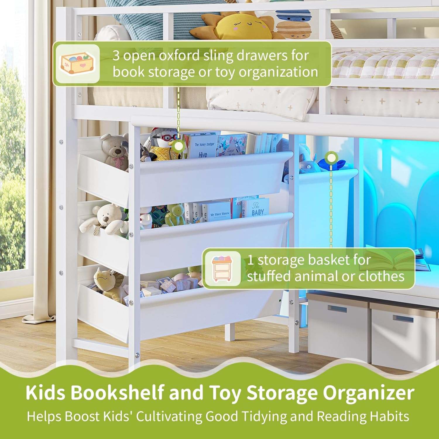 Sikaic Loft Bed Frame Low Loft Bed Twin Size with Reading Corner and Storage Basket White White / Engineered Wood / Modern