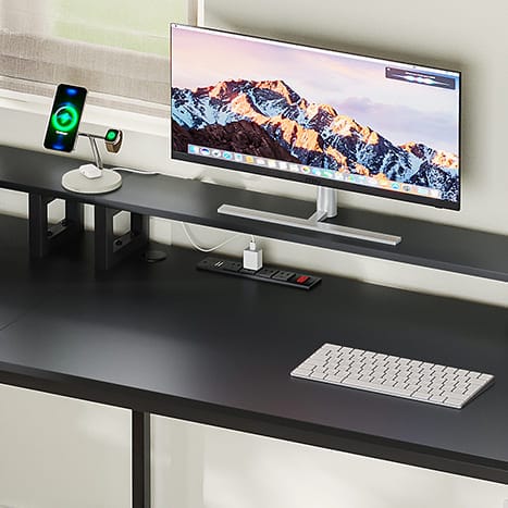 Sikaic 66" L Shaped Corner Two Person Gaming Desk with File Drawer Power Outlet Led Lights Monitor Shelf Black