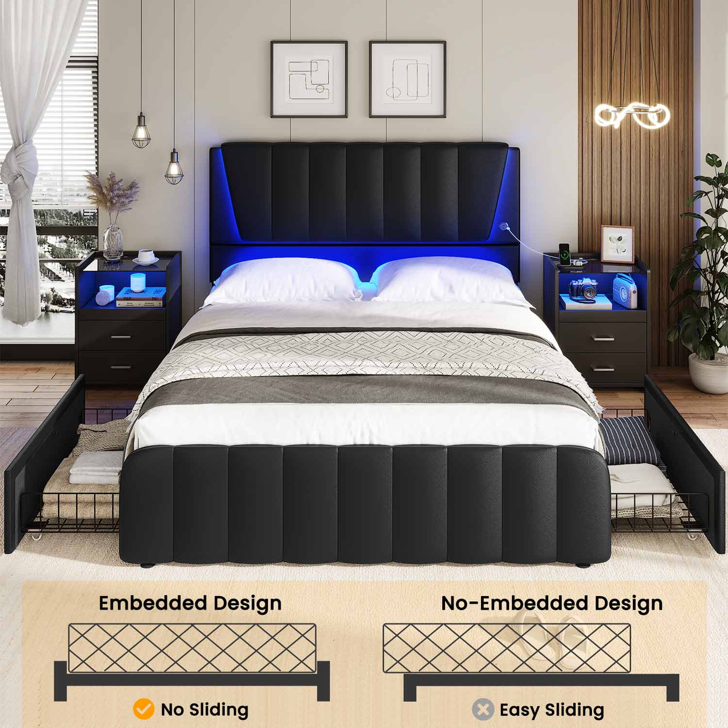 Sikaic Beds & Bed Frames LED Bed Frame with USB Ports Adjustable Headboard and 4 Storage Drawers Black