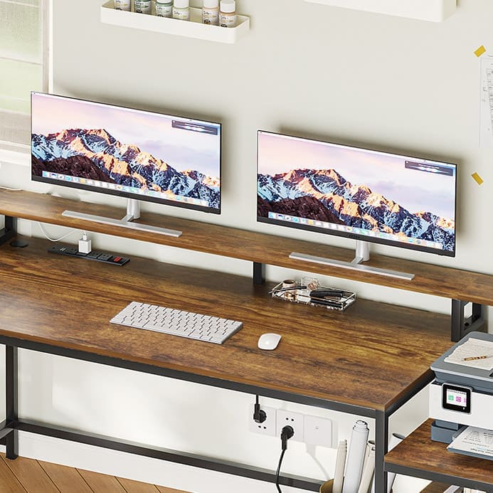 Sikaic 66" L Shaped Corner Two Person Gaming Desk with File Drawer Power Outlet Led Lights Monitor Shelf Rustic Brown