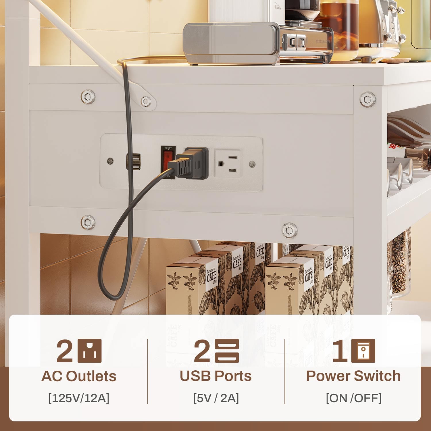 Sikaic Bakers Rack LED Bakers Rack with Power Outlet Storage White