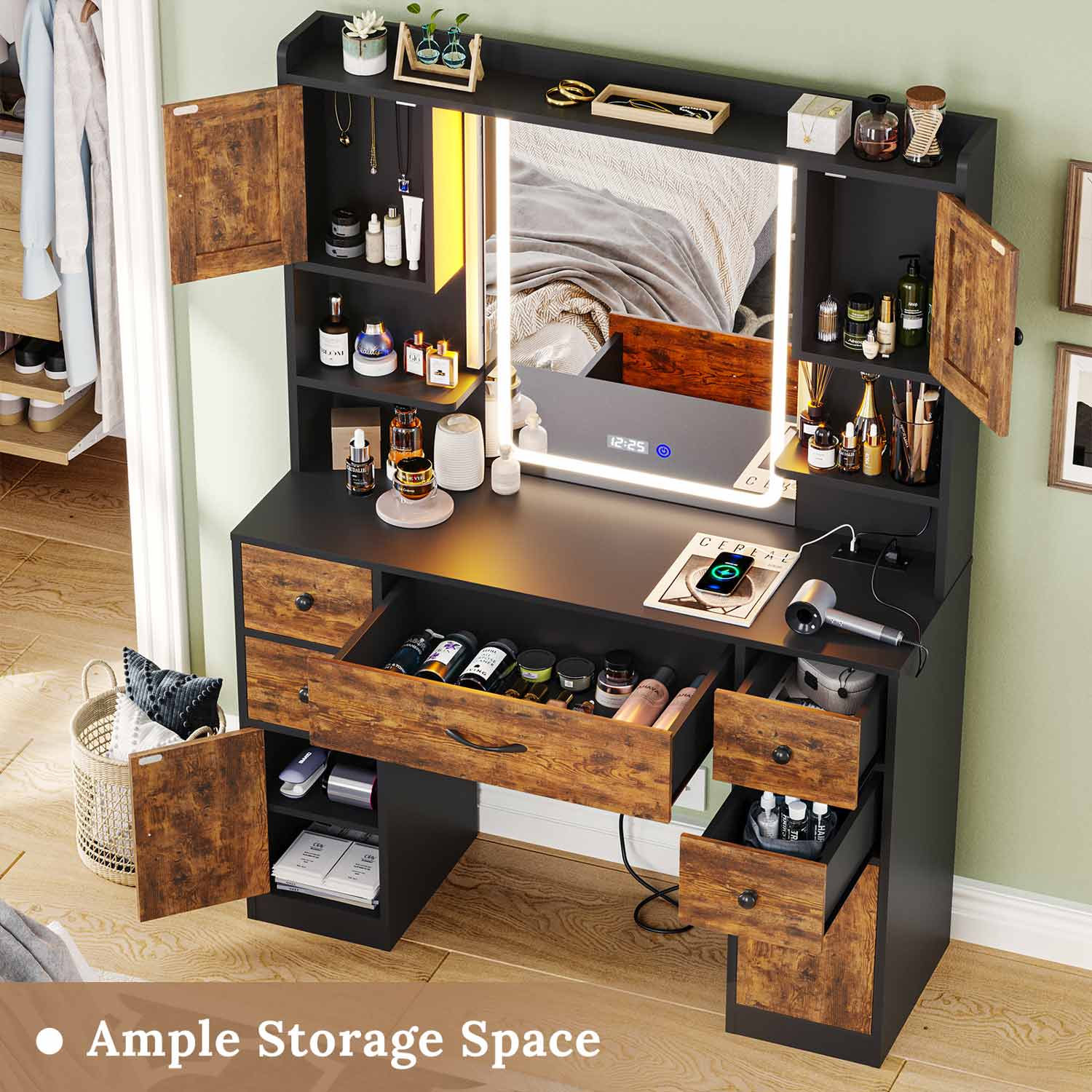 Sikaic Makeup Vanity LED Makeup Vanity With Outlet Smart Mirror Drawers Vintage Brown