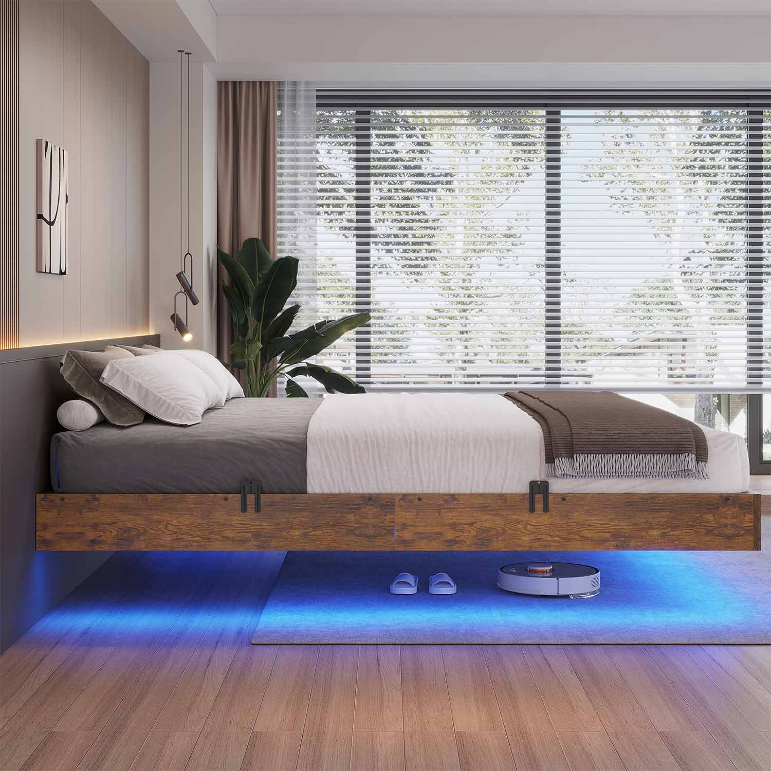 Sikaic Bed Frame Floating Industrial Wooden Metal Platform Bed Frame with LED Lights Noise Free No Box Spring Needed Vintage Brown