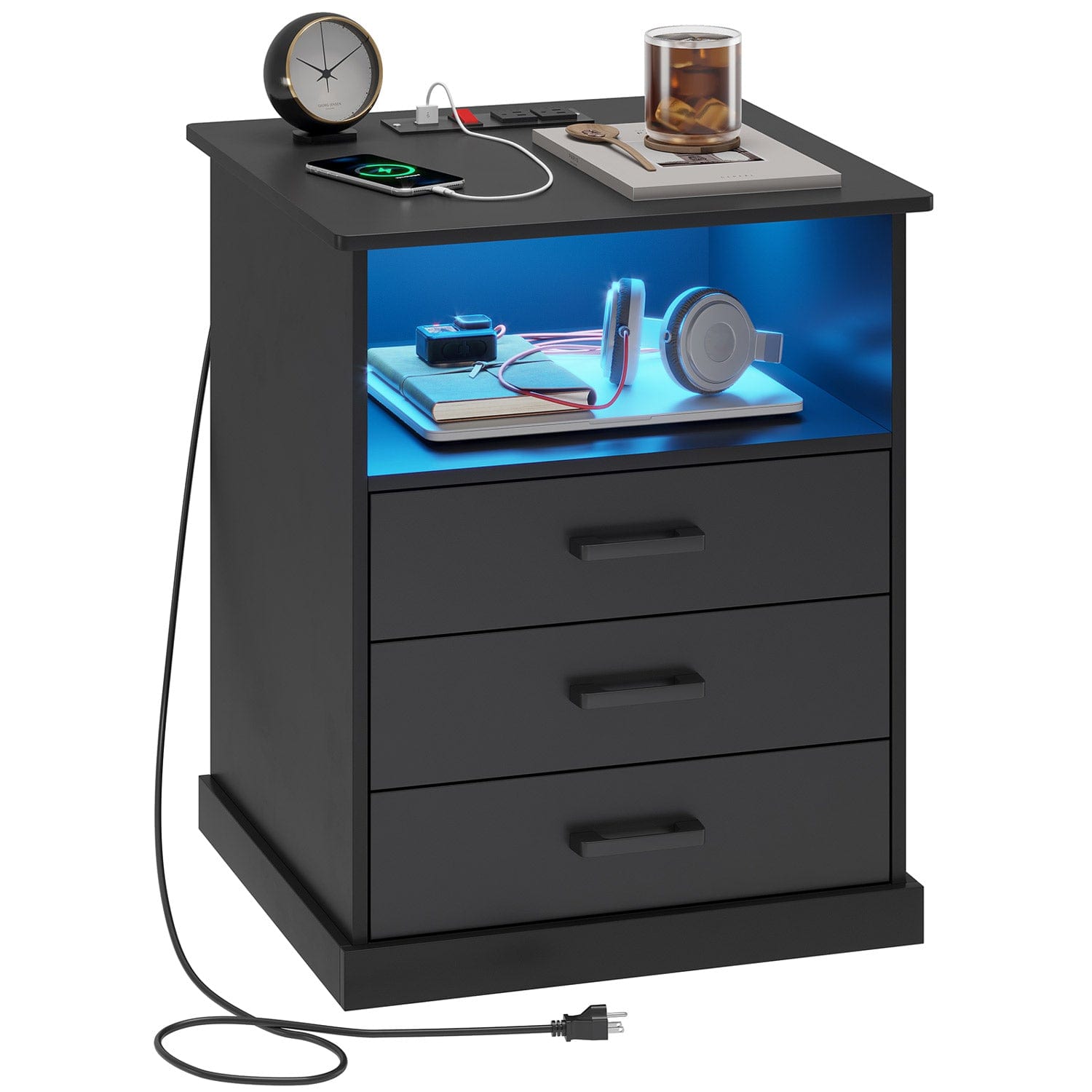 Sikaic Nightstands LED Nightstand with Charging Station 3 Storage Drawers Black