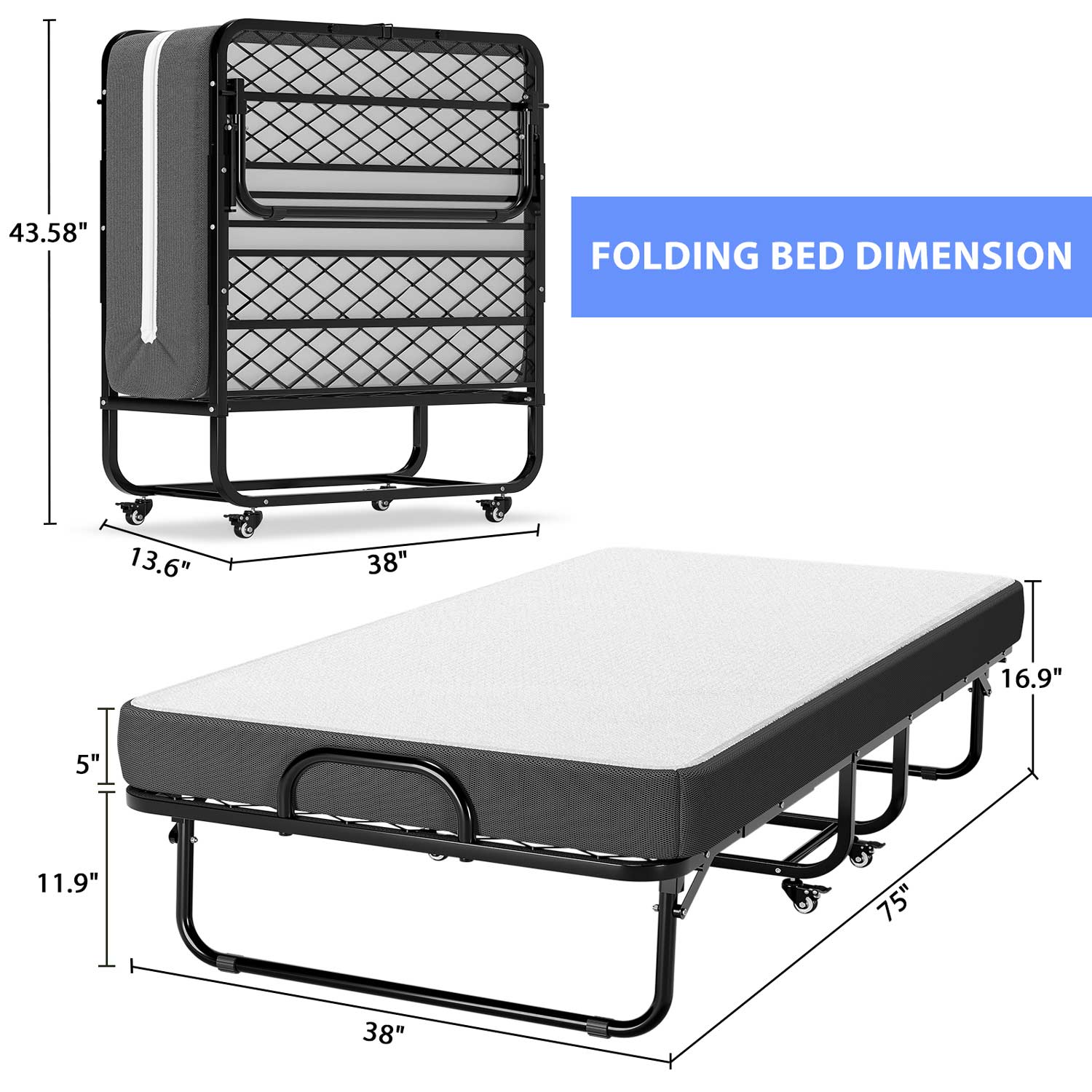 Sikaic Beds & Bed Frames Twin Size Folding Bed with Luxurious Memory Foam Mattress Metal Wheels Black