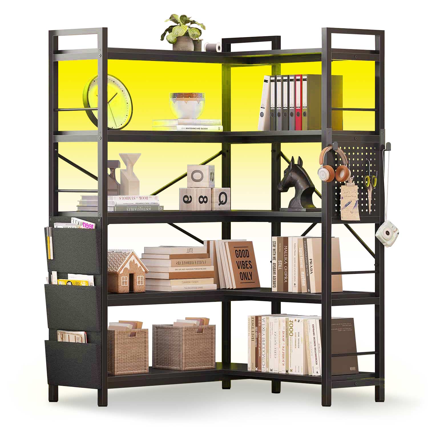 Sikaic Bookshelf 55 Inches Convertible Corner 5-Tier Tall Bookshelf Black Black / Engineered Wood / Modern