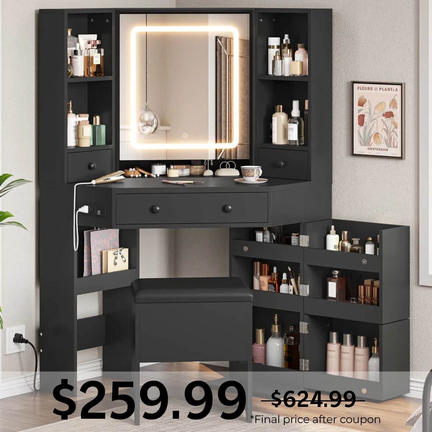Sikaic Makeup Vanity Corner LED Makeup Vanity with Mirror Black Black / Engineered Wood / Style
