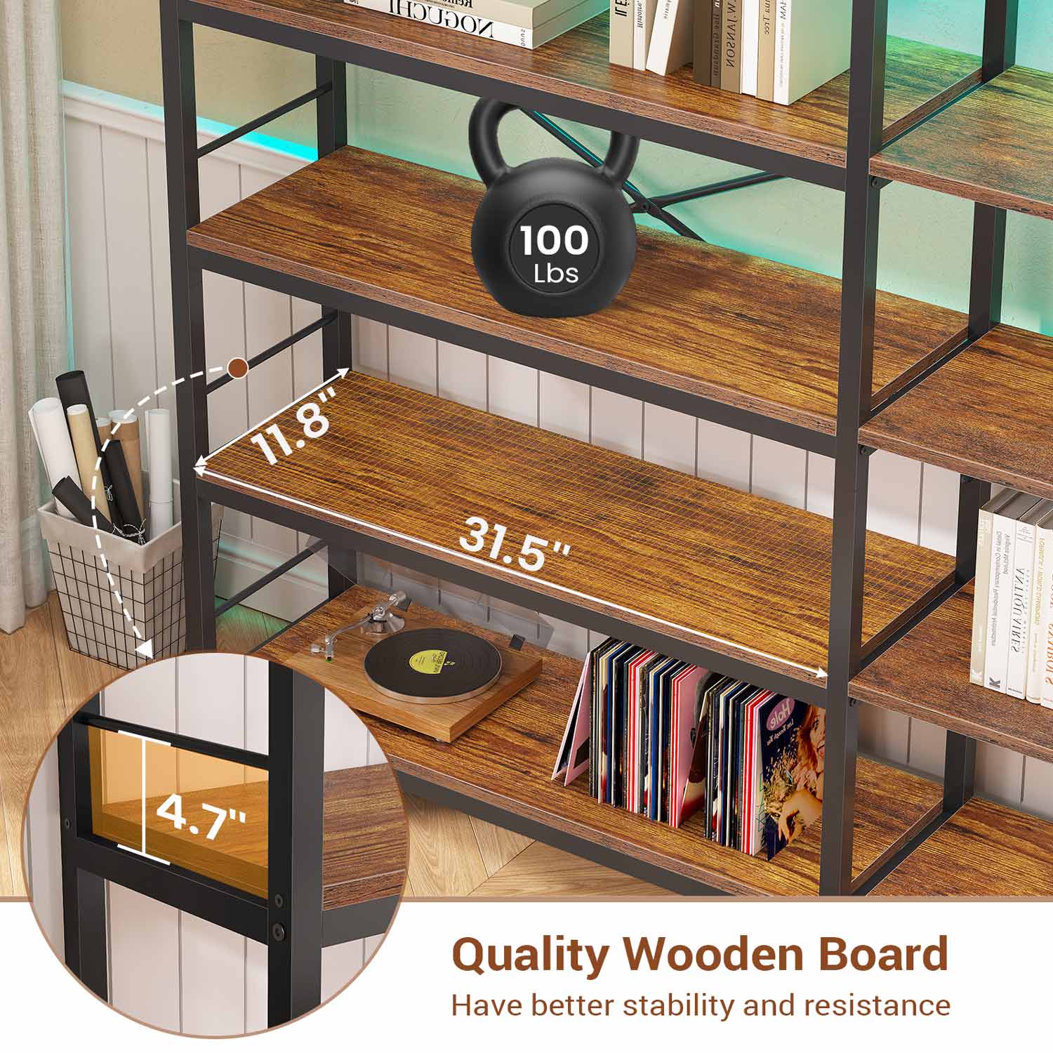 Sikaic Bookshelf 55 Inches Convertible Corner 5-Tier Tall Bookshelf with Pegboard Storage Bag & LED Light for Bedroom Brown