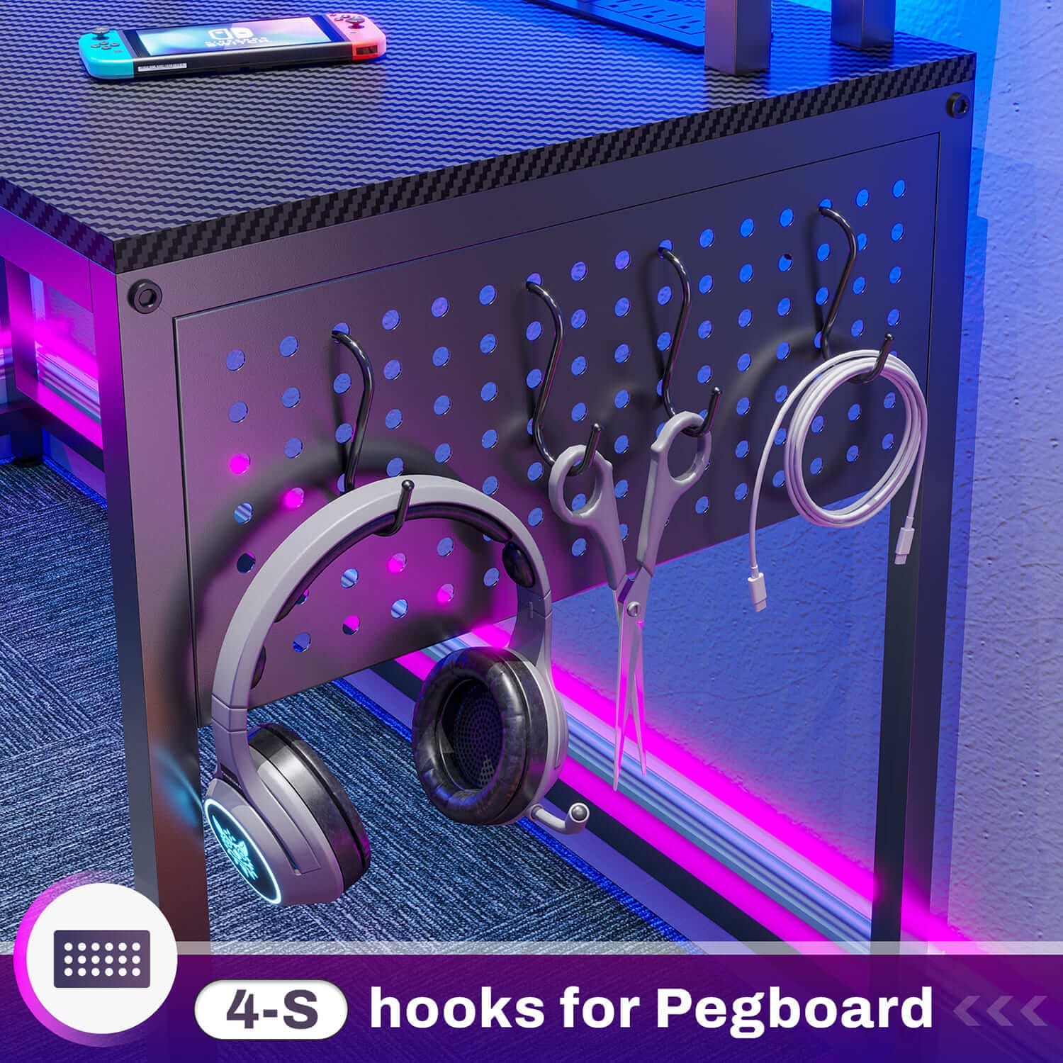 Sikaic 63.8" L Shaped Reversible Corner Carbon Fiber Gaming Desk with Power Outlet and Pegboard LED Light Drawers Black
