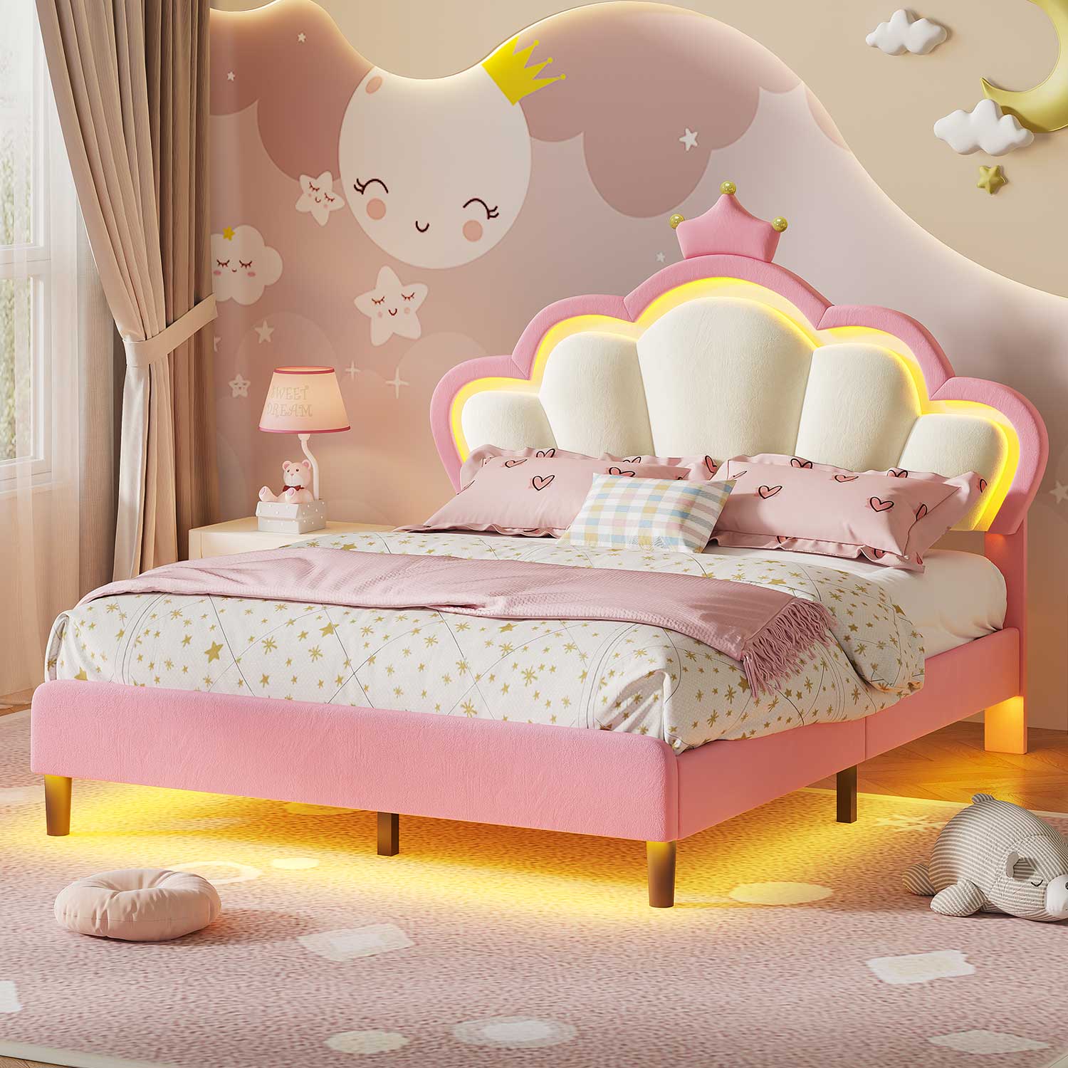 Sikaic Bed Frame Girls Queen Bed Frame with Princess Crown and LED Velvet Upholstered Platform Pink Pink / Queen / Engineered Wood