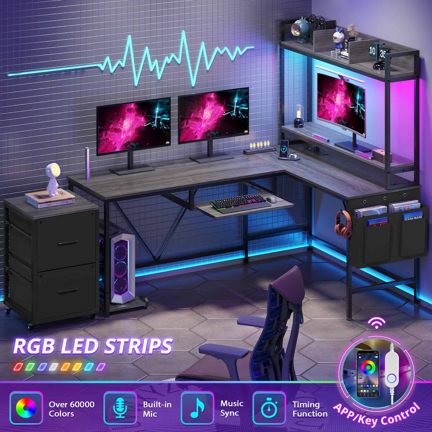 Sikaic Gaming Desk 67 Inches Led L Shaped Reversible Corner Gaming Desk with Power Outlet & Drawer File Cabinet Keyboard Tray Dark Grey