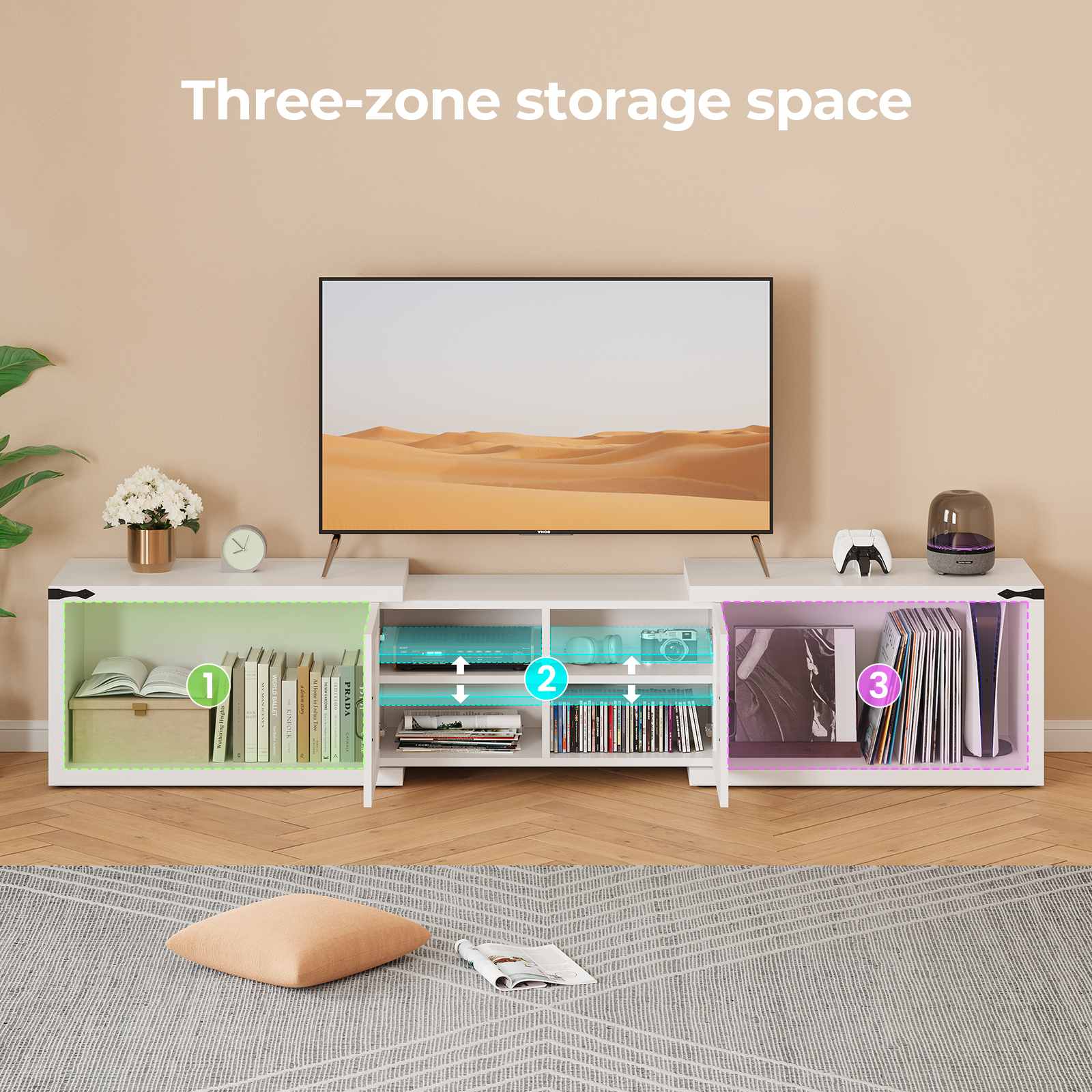 Sikaic TV Stands 86 Inches Deformable TV Stand with Storage White White / Engineered Wood / Farmhouse