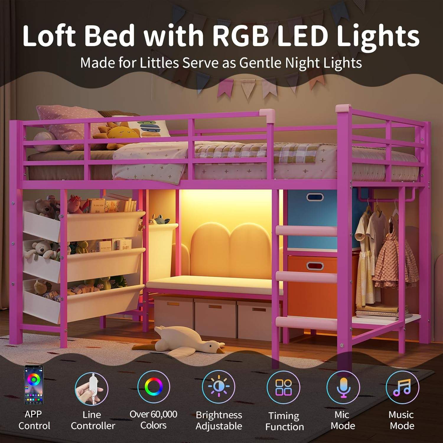 Sikaic Loft Bed Frame Low Loft Bed Twin Size with Reading Corner and Storage Basket Pink Pink / Metal / Modern