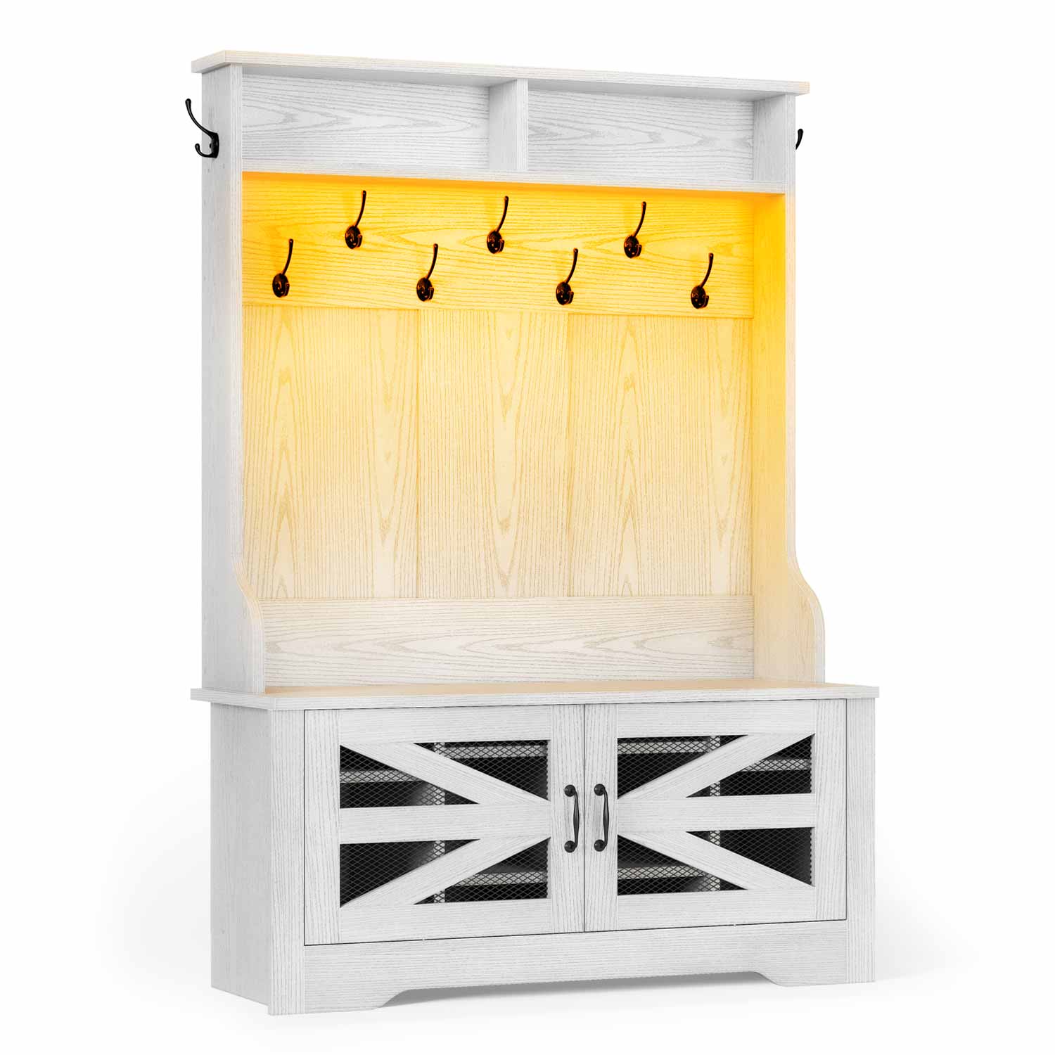 Sikaic Hall Tree 43.3 Inches Hall Tree with Bench and Shoe Storage Embossed White Embossed White / Modern