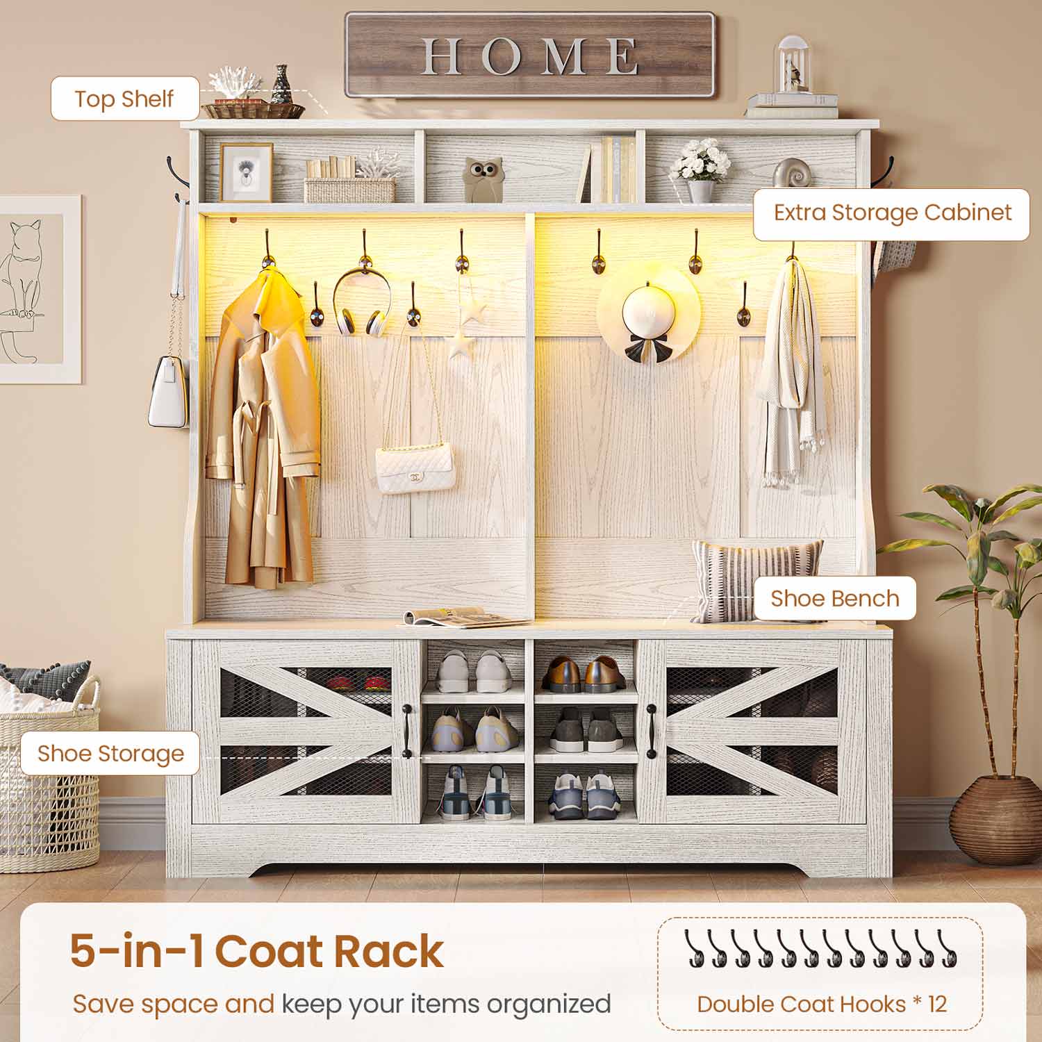 Sikaic Hall Tree 59.1 Inches 5-in-1 Hall Tree with Bench and 16 Shoe Cubbies Coat Hooks Barn Door & Adjustable Shelf Embossed White