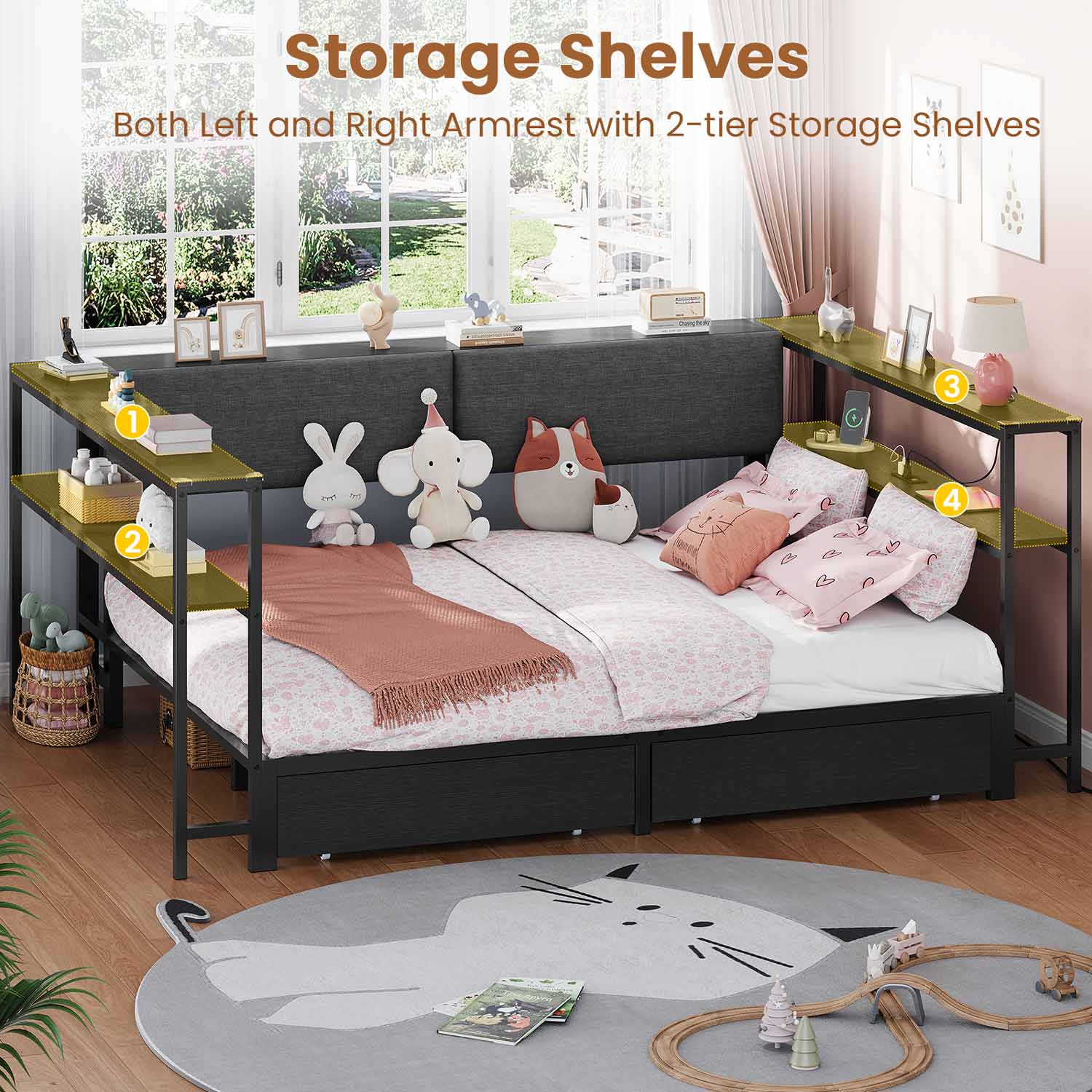 Sikaic Daybeds Full Size Daybeds with Charging Station and Storage Shelves Black Black / Full / Modern