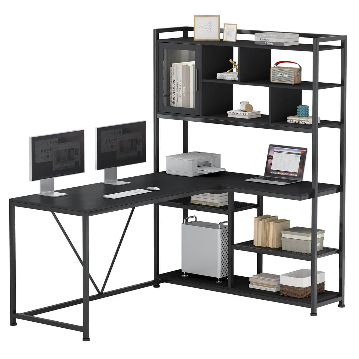 Sikaic Gaming Desk 58 Inches L Shape Corner LED Gaming Desk with Bookshelf Storage Shelves Black