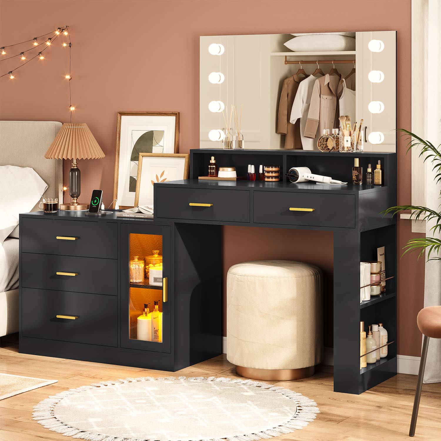 Sikaic Makeup Vanity LED Makeup Vanity Dresser with Mirror and Charging Station & 5 Drawers Cabinet Storage Black
