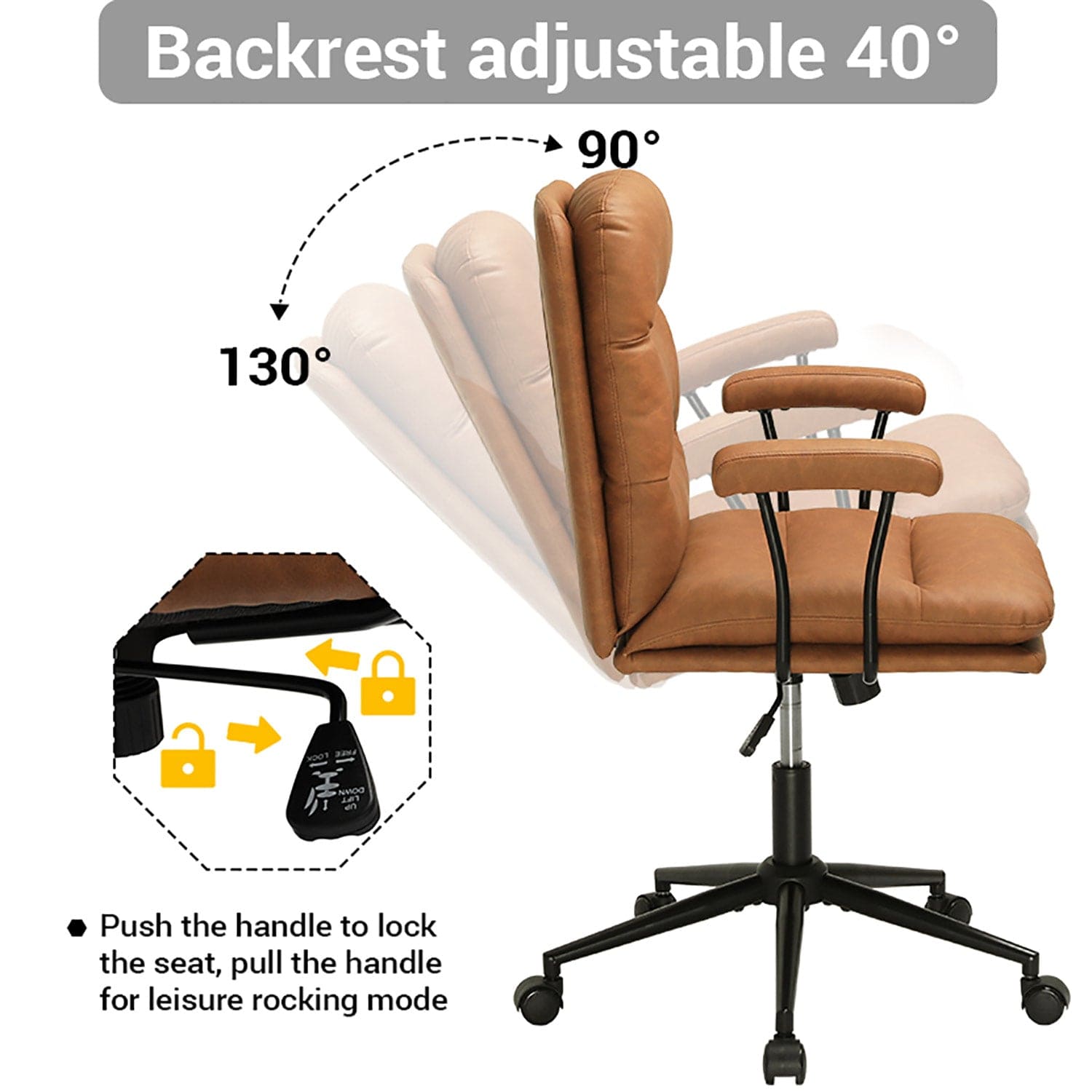 Sikaic Office Chairs Leather Office Chair with Arms Adjustable Back 40° Brown