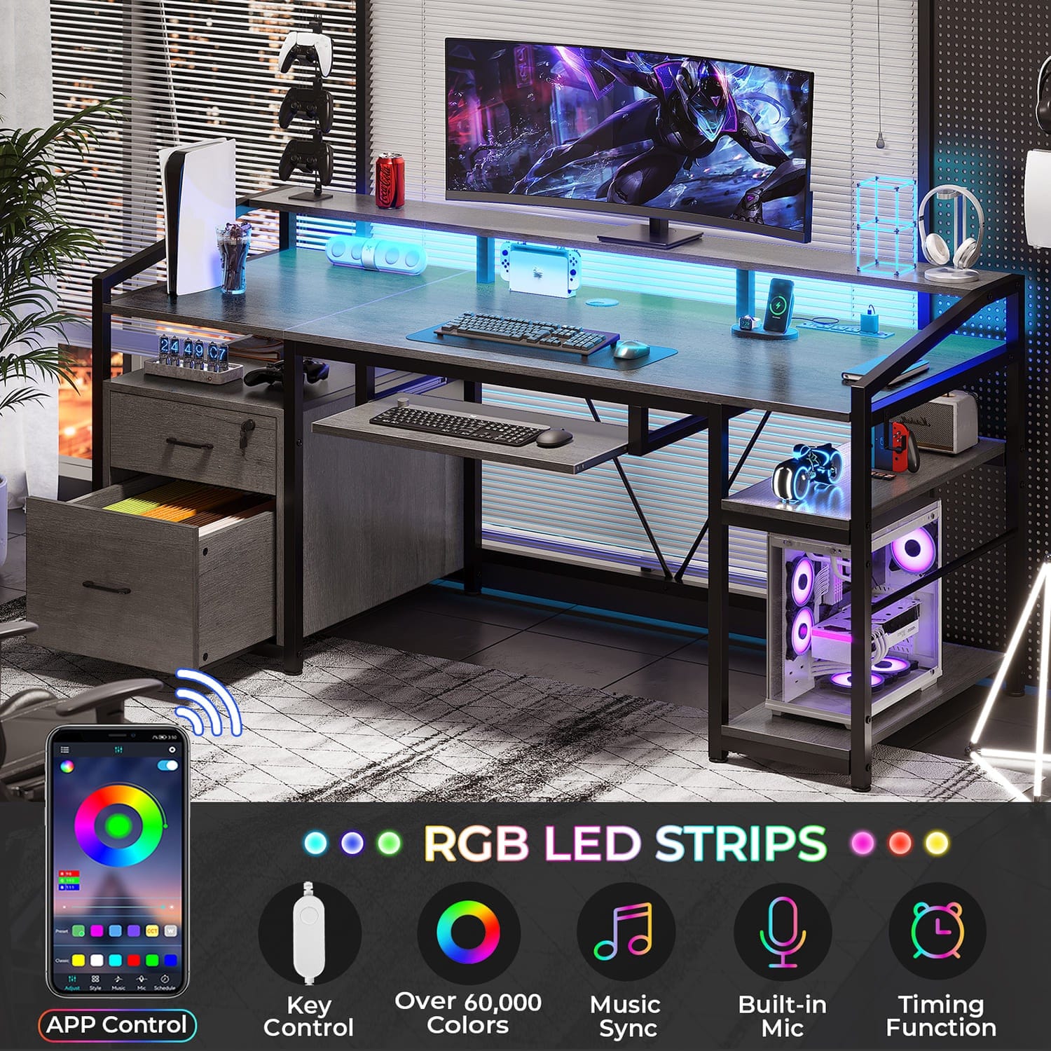 Sikaic Gaming Desk 63 Inches  Gaming Desk with LED Light Drawers Grey