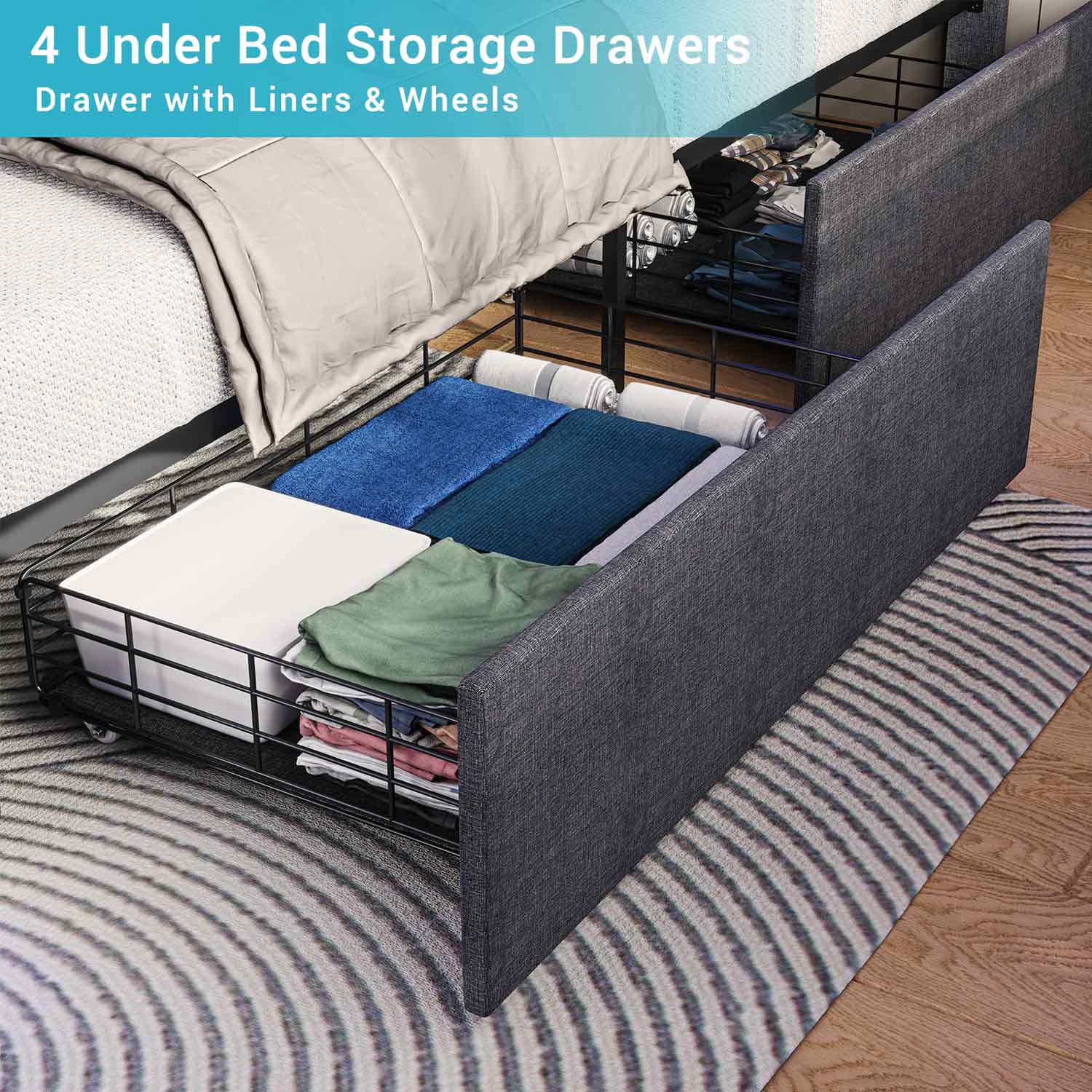 Sikaic Bed Frame LED Bed Frame With Storage Charging Outlets Dark Grey