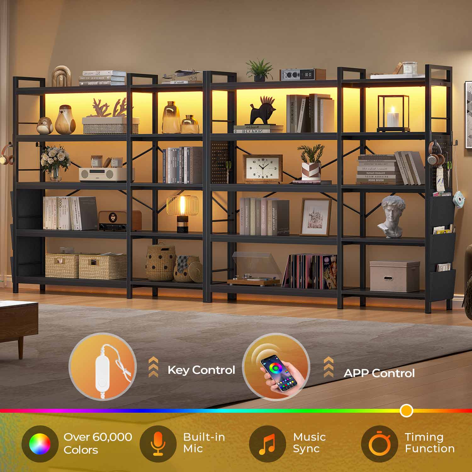 Sikaic Bookshelf 55 Inches Convertible Corner 5-Tier Tall Bookshelf with Pegboard Storage Bag & LED Light for Bedroom Black