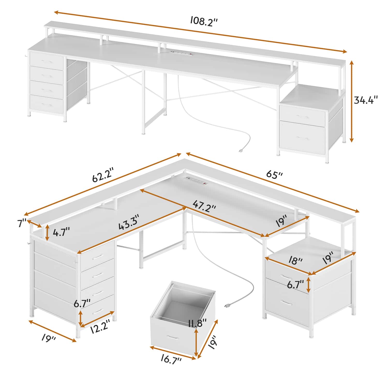 Sikaic Gaming Desk 108 Inches L Shaped  Led Lights Two Person Gaming Desk with 6 Drawers File Drawer & Power Outlet Monitor Shelf File Cabinet White
