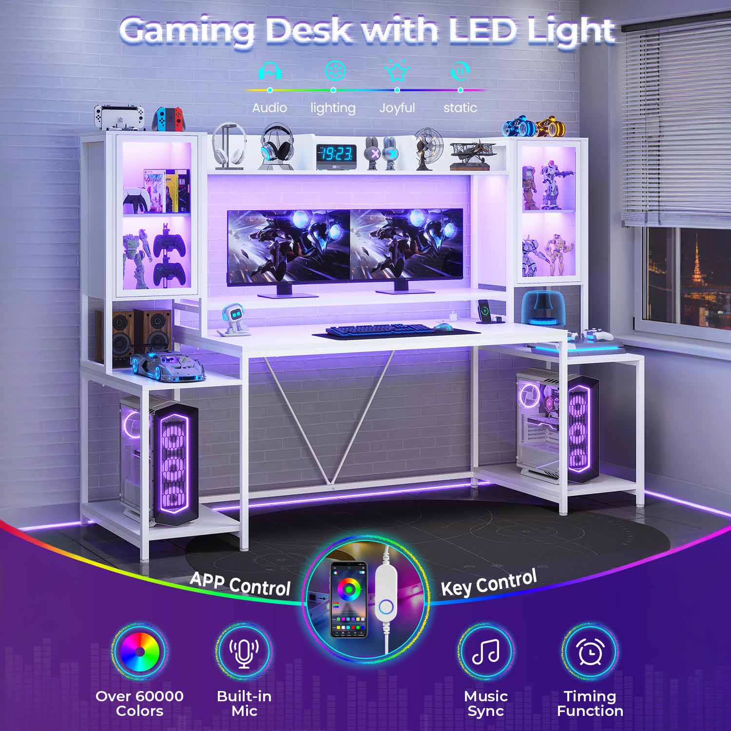 Sikaic Gaming Desk 74.8 Inches Large PC Ergonomic Gaming Desk with LED Lights Hutch and Storage Shelves Monitor Stand White