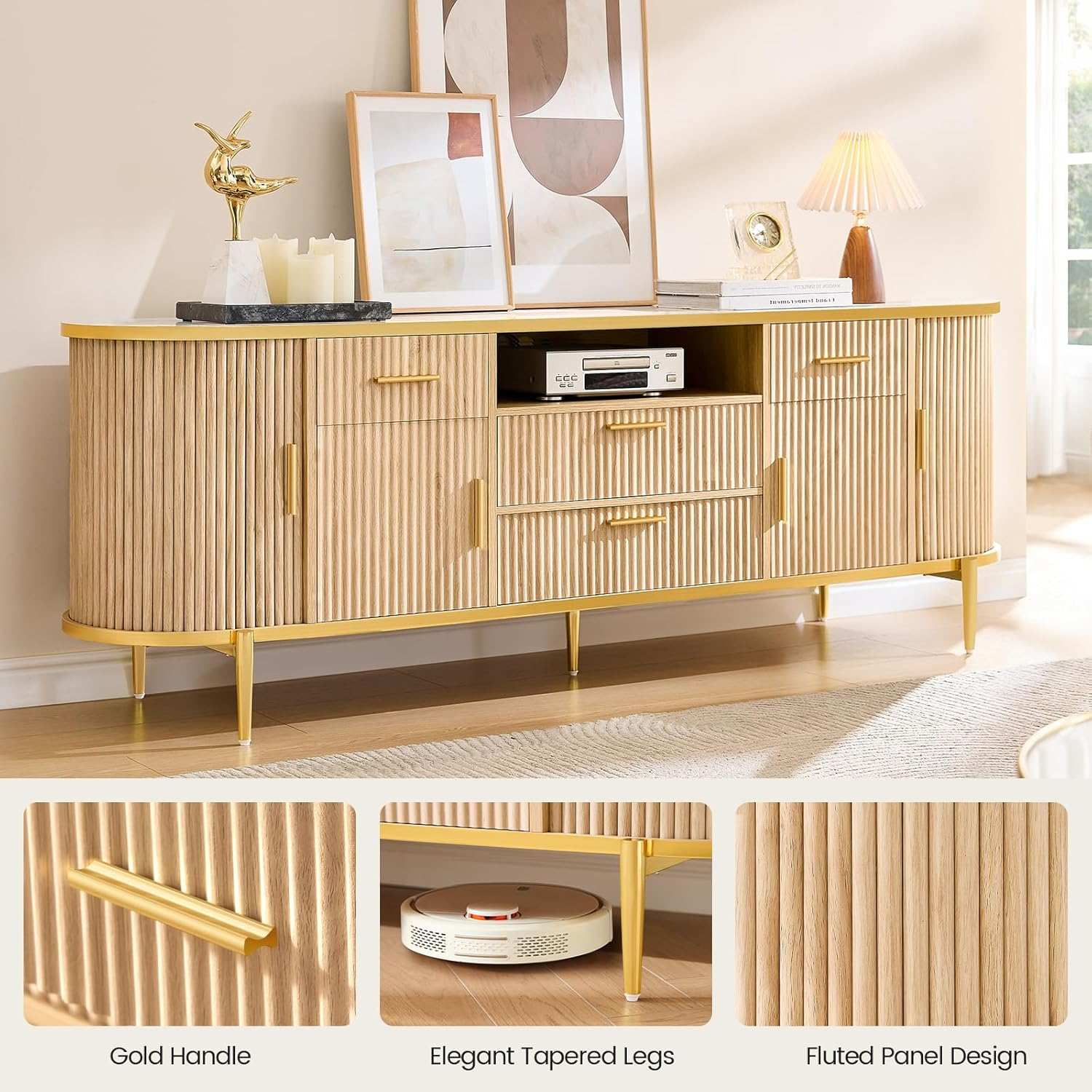 Sikaic TV Stands 70 Inches Fluted TV Stand with Side Sliding Door Natural Oak Natural Color / Engineered Wood / Modern
