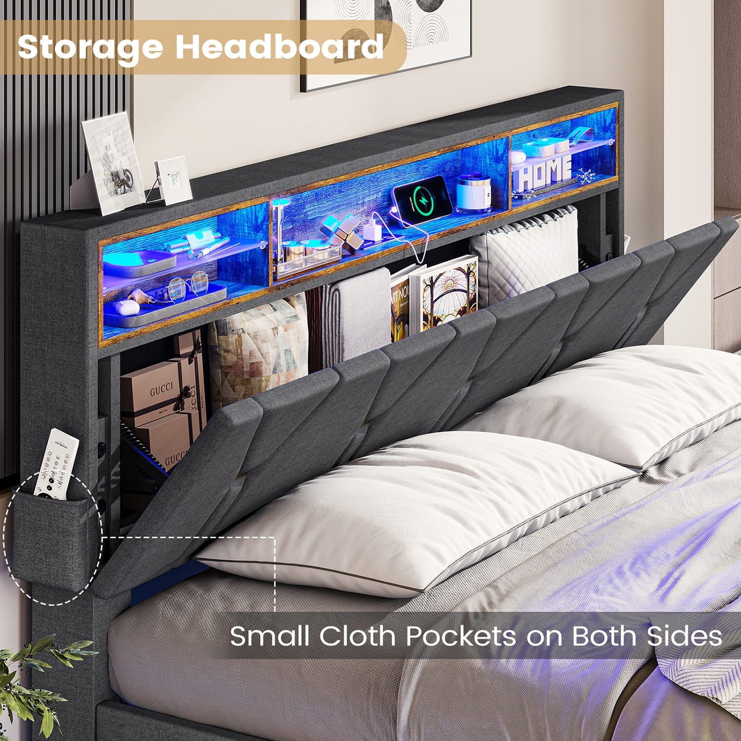 Sikaic LED Bed Frame with Outlets and USB Ports Shelf Storage Headboard Hidden Storage Grey