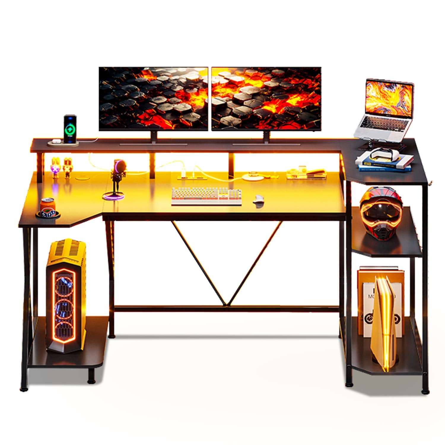 Sikaic Gaming Desk 55 Inches PC Gaming Desk with Storage Shelves Black Black / Engineered Wood / Modern