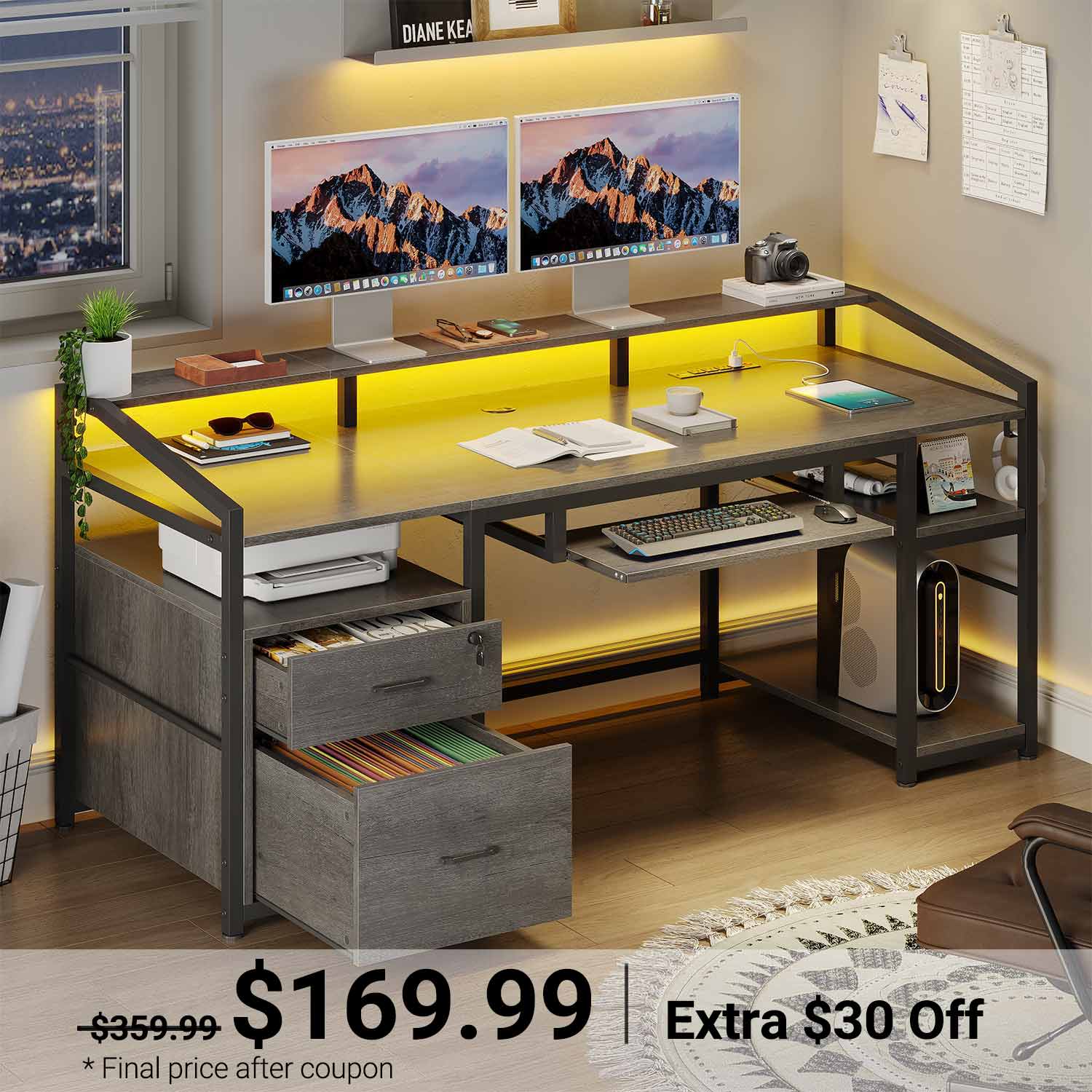 Sikaic Gaming Desk 63 Inches Gaming Desk with LED Light Drawers Grey Grey / Alloy Steel / Modern