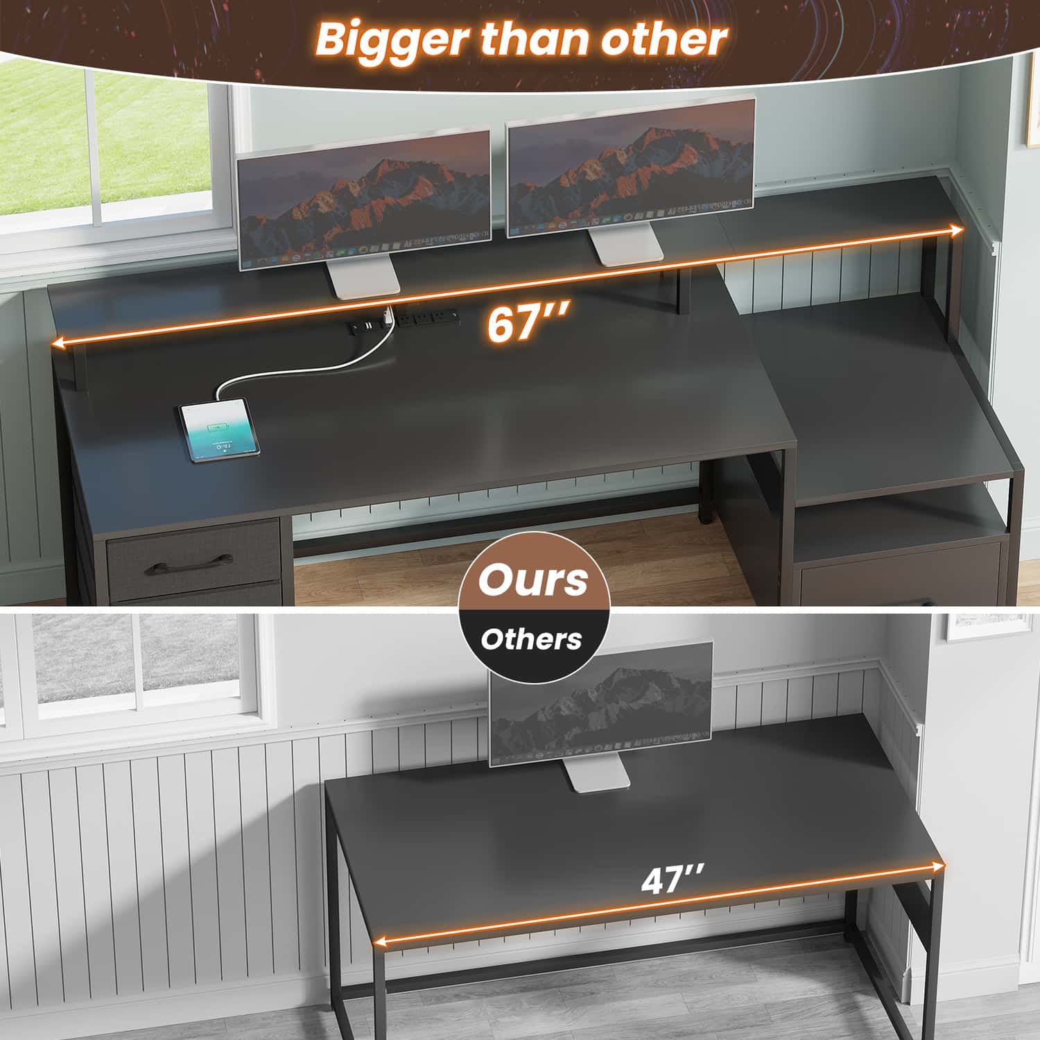 Sikaic Gaming Desk 66 inches LED Gaming Desk with File Drawer Power Outlet  Printer Cabinet and Monitor Shelf Black