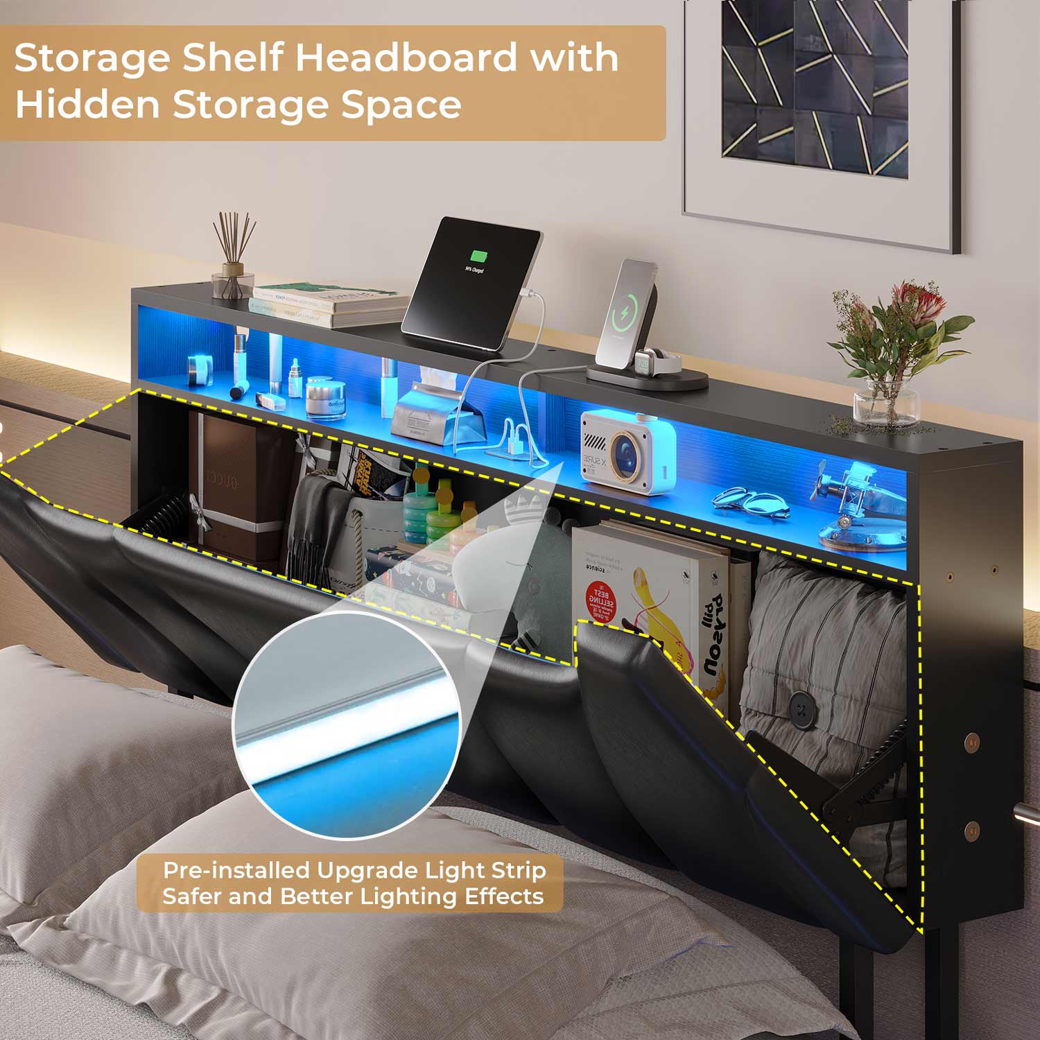 Sikaic Beds & Bed Frames Floating Upholstered Leather Platform Bed Frame with LED Lights Storage Headboard and Charging Station Black