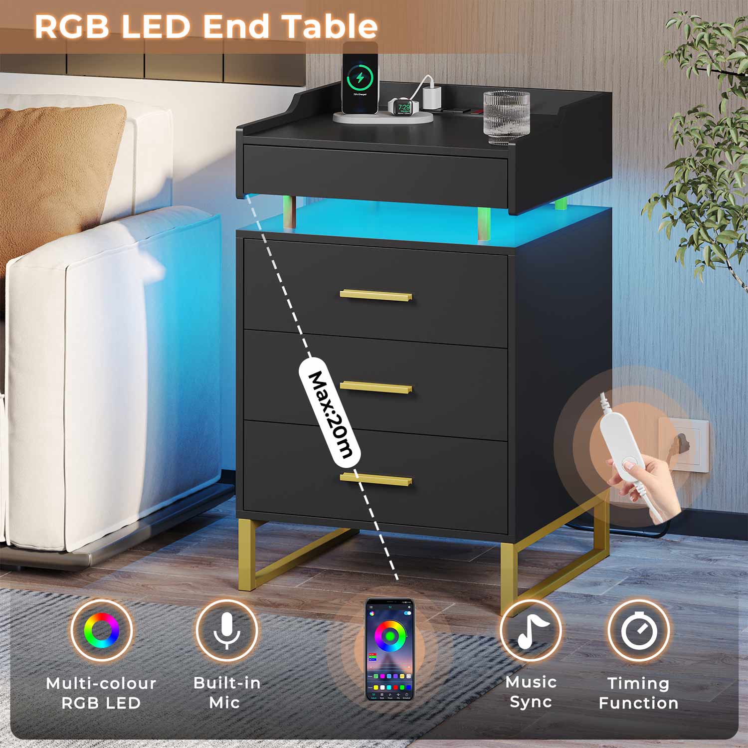 Sikaic Nightstand LED Nightstand with Charging Station and 3 Drawers and 1 Pull-Out Tray Black and Gold