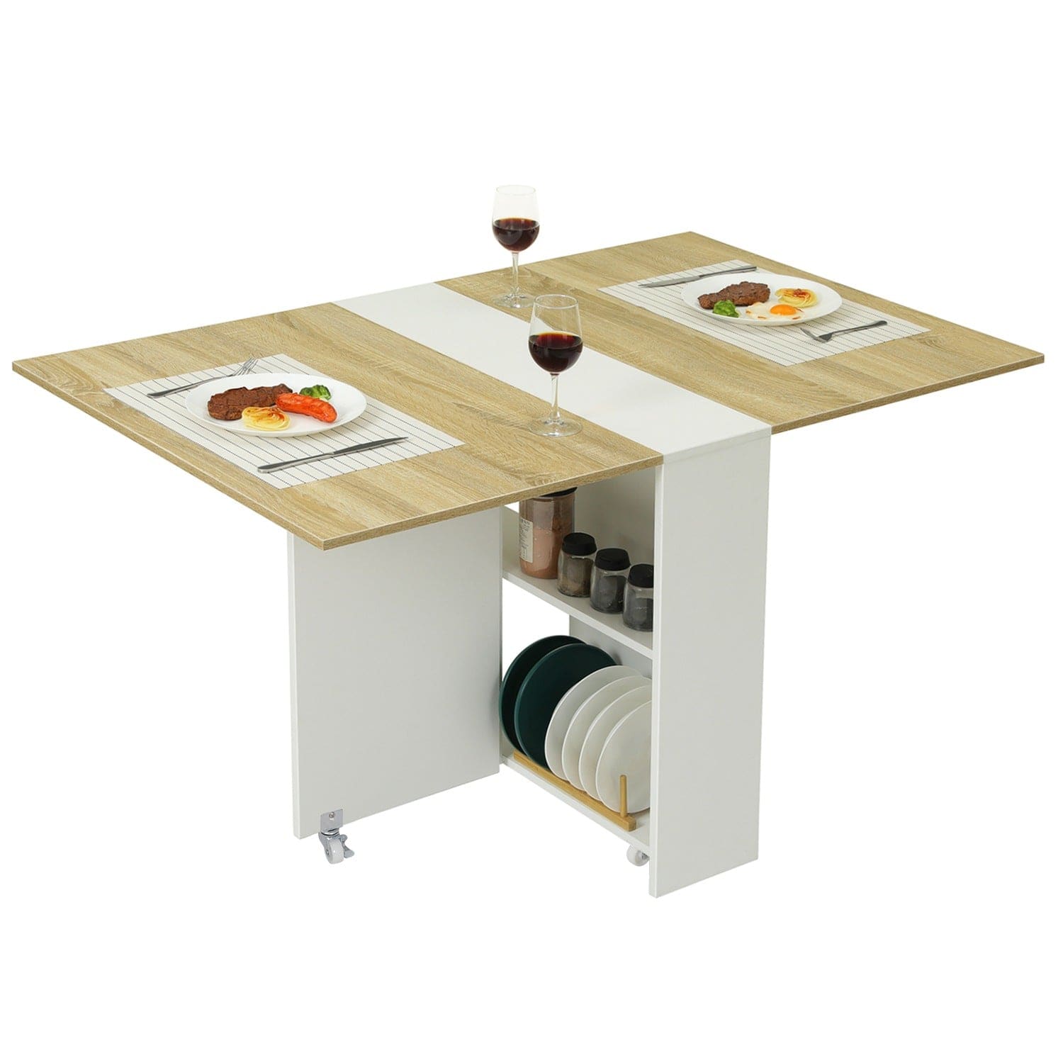 Sikaic Dining Table Folding Dining Table with Storage Shelves and 6 Casters White