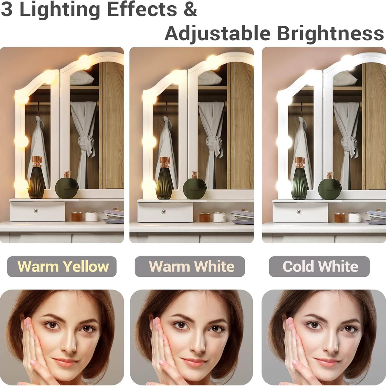 Sikaic Makeup Vanity Makeup Vanity Set with Stool and Lights Charging Station Tri-Fold Mirror & Necklace Hooks White