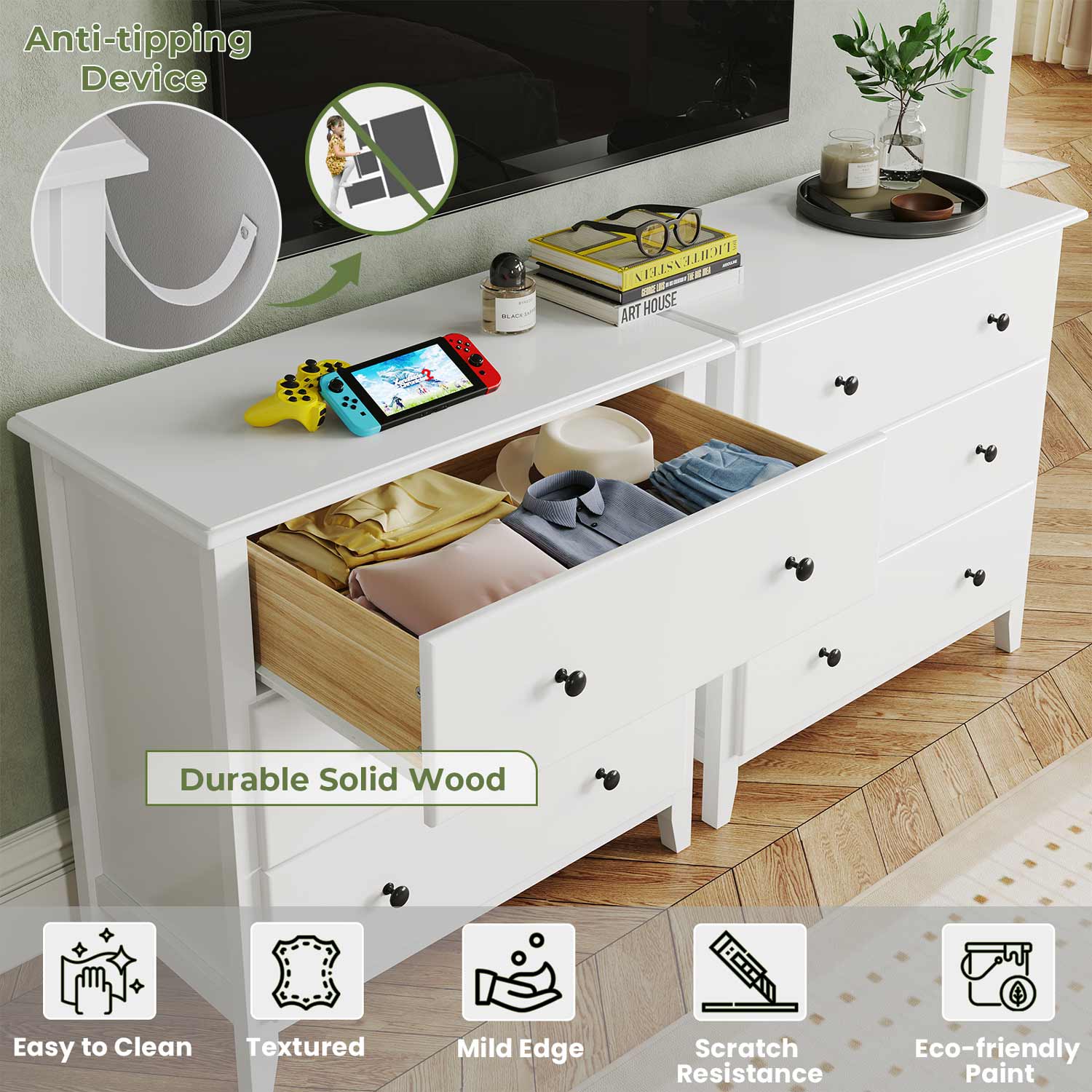 Sikaic Dresser 27.5''W Large Capacity Solid Wood Dresser with 3 Drawers Storage Cabinet White