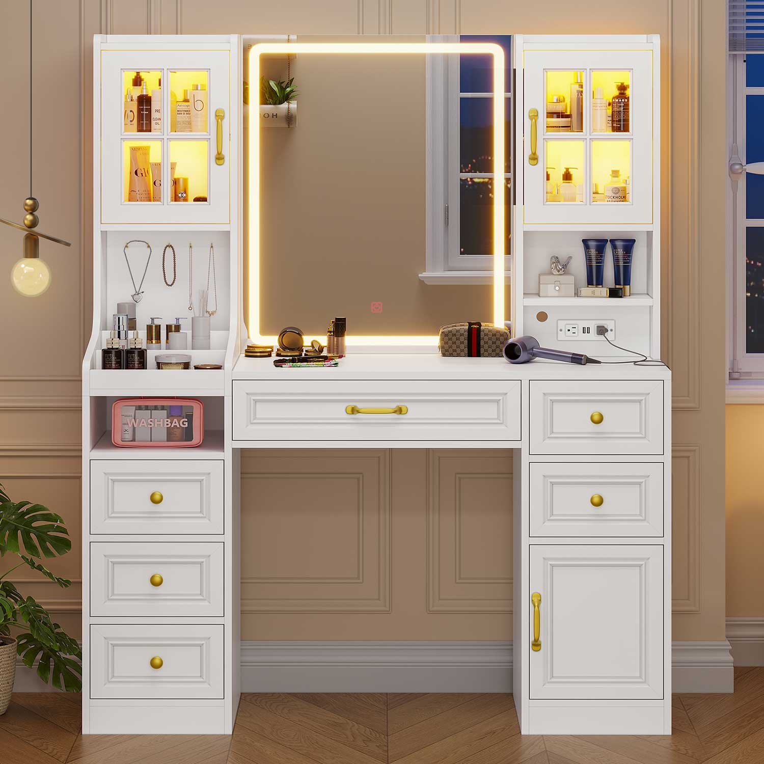 Sikaic Makeup Vanity LED Makeup Vanity with Charging Station White White / Engineered Wood / Modern