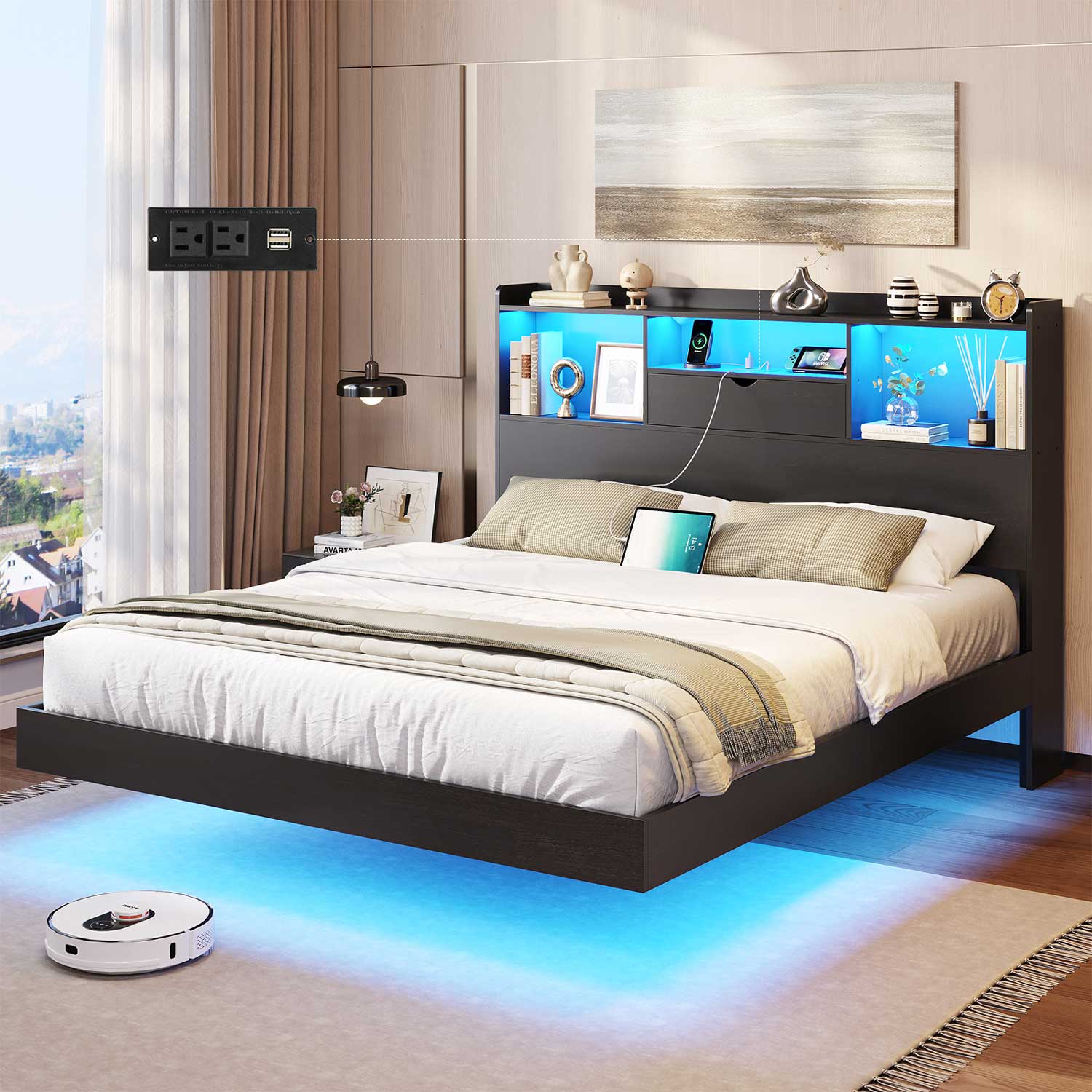 Sikaic Bed Frame Queen Floating Bed Frame with LED Lights and Headboard Storage Black Black / Queen / Engineered Wood