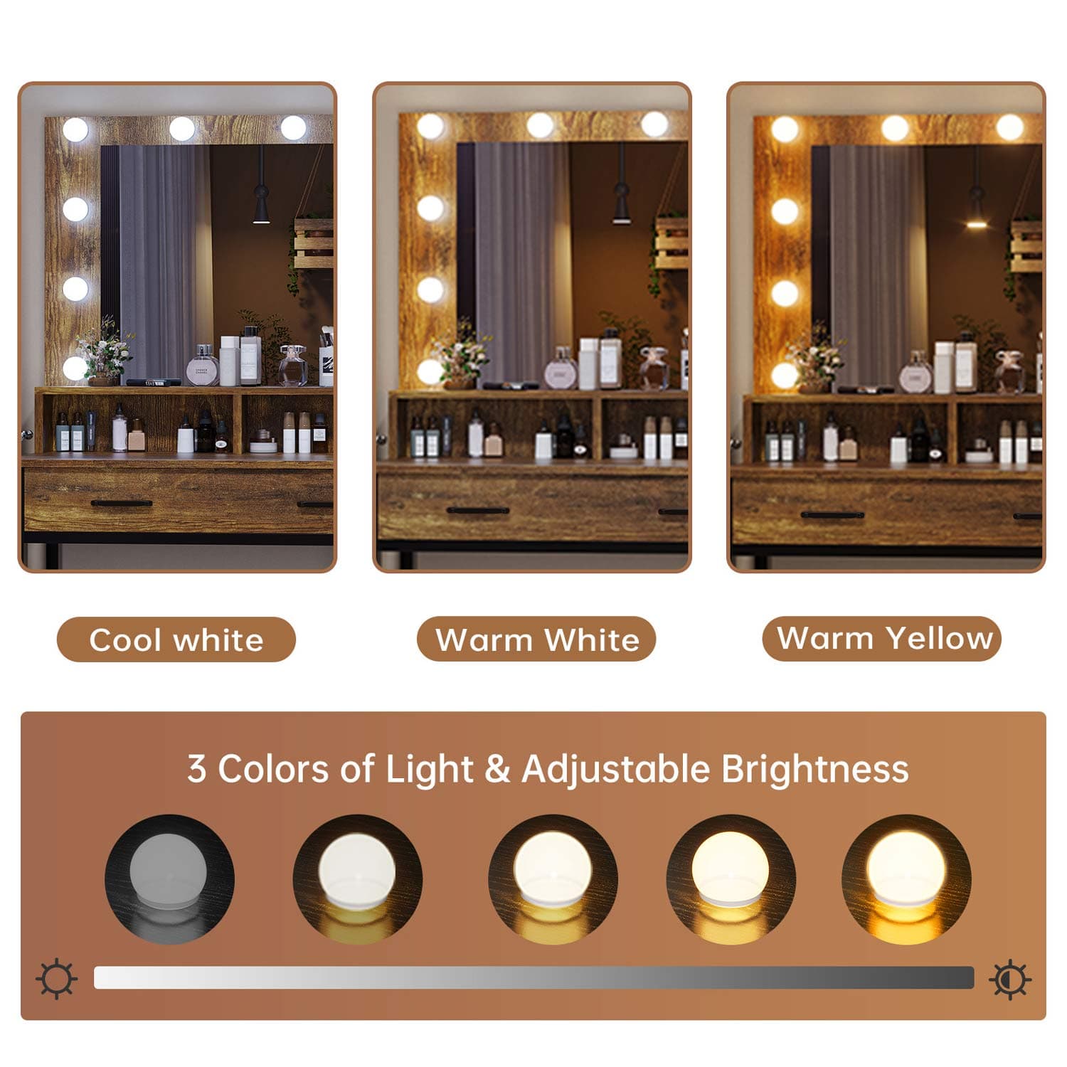 Sikaic Makeup Vanity Makeup Vanity with Lights Charging Station Mirror Drawers Rustic Brown