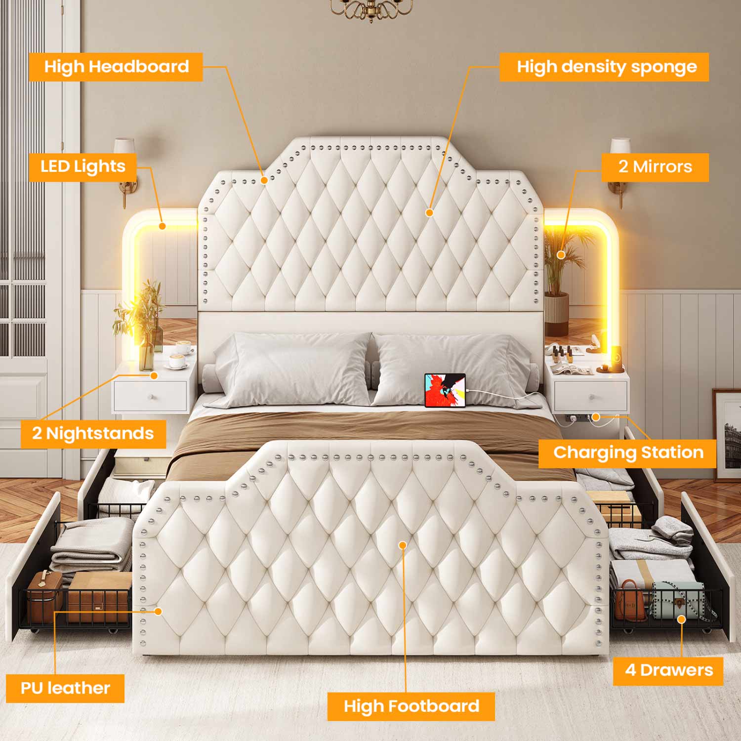 Sikaic Bed Frame PU Leather Upholstered Led Bed Frame with Storage Drawers Outlets & Nightstands White