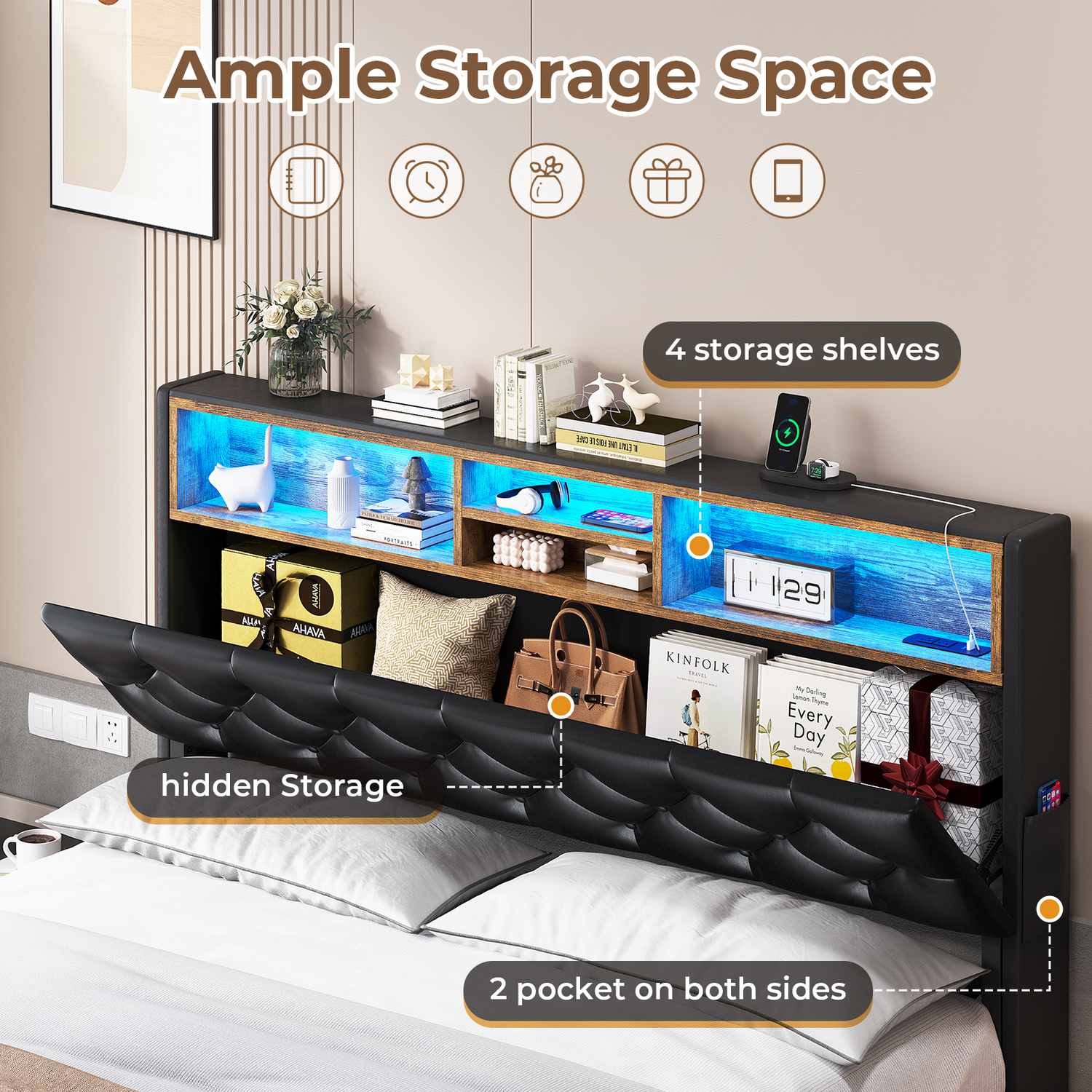 Sikaic Bed Frame Upholstered Platform Bed Frame with LED Lights & Charging Station Hidden Storage Headboard and 4 Drawers PU Black