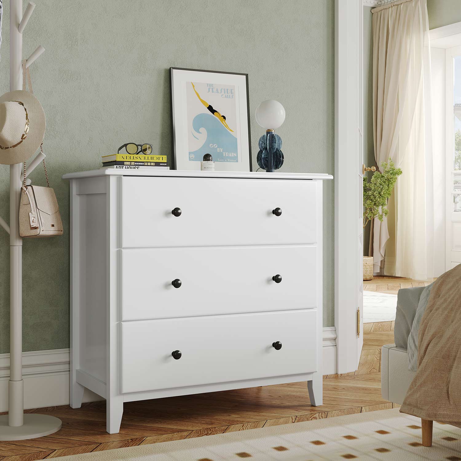 Sikaic Dresser 27.5''W Large Capacity Solid Wood Dresser with 3 Drawers Storage Cabinet White