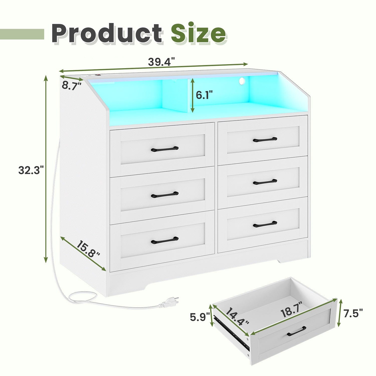Sikaic Dresser LED 6 Drawers Dresser with Charging Station Open Space Large Capacity Storage Cabinet White