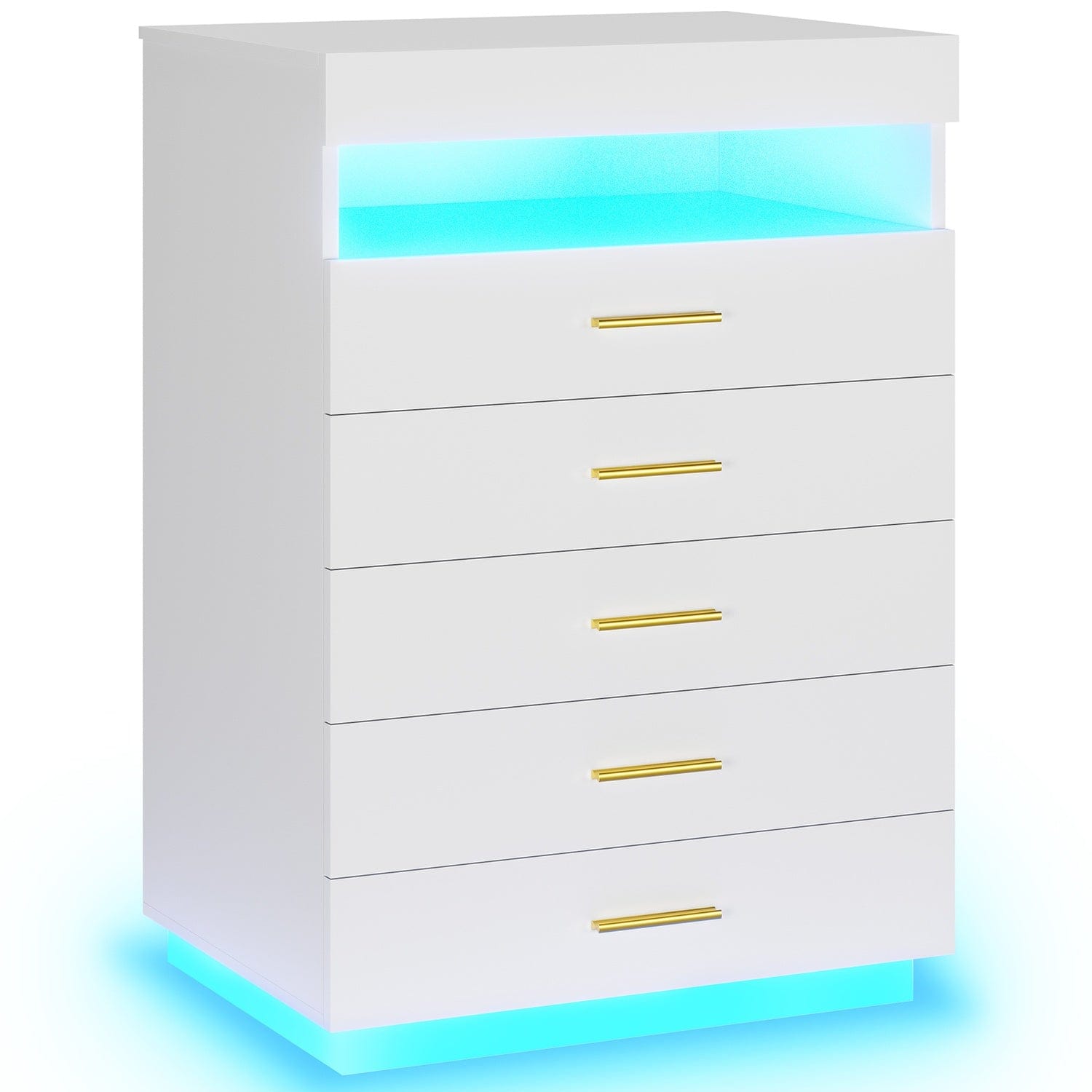 Sikaic Dresser Modern Floating White Dresser Chest of 5 Drawers with Pull-Out Shelf and Open Storage & LED Lights