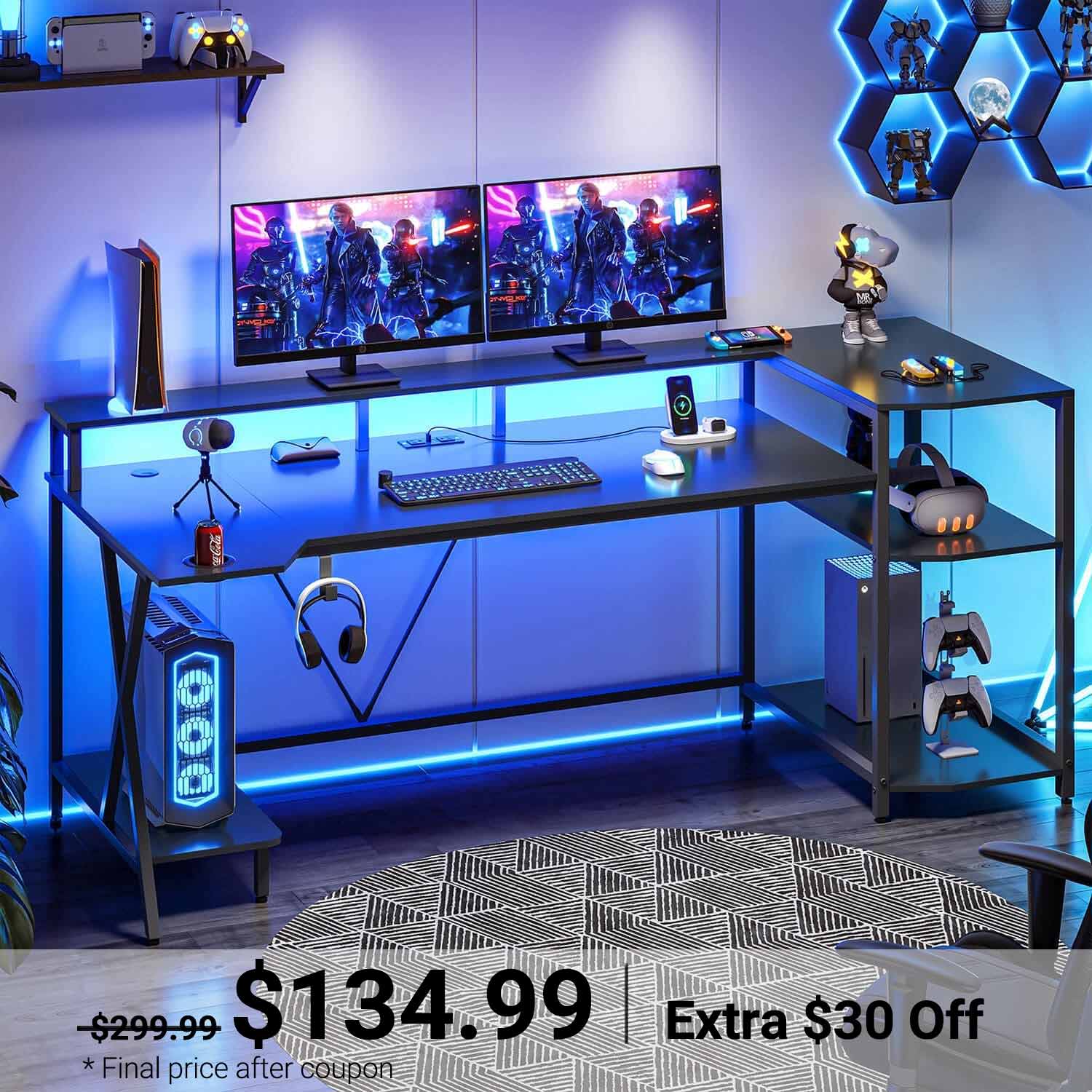 Sikaic Gaming Desk Sikaic 70.8 Inches Large PC Gamer LED Gaming Desk With Storage Shelves Outlets Office Tables Black Black / Modern / Engineered Wood