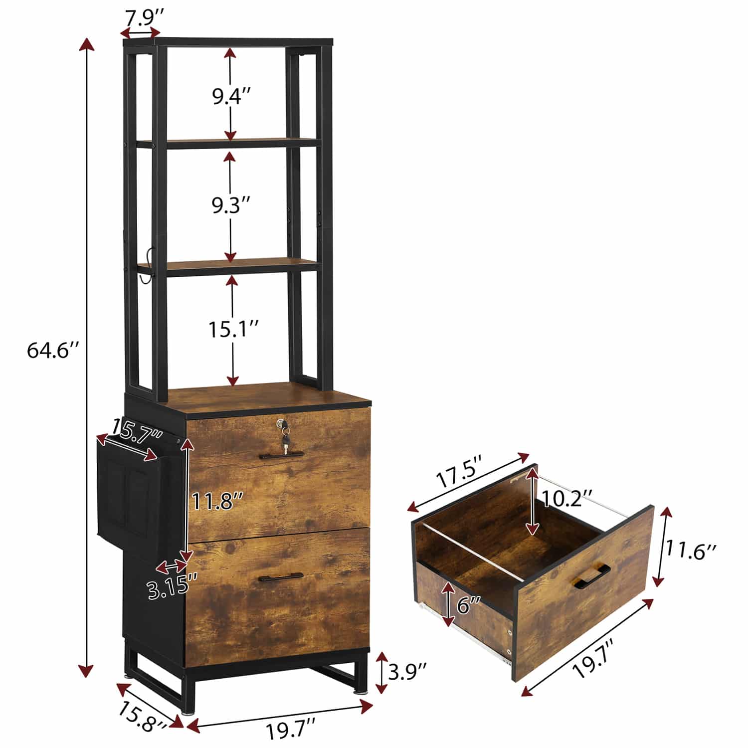 Sikaic File Cabinet 2 Drawers File Cabinet with Lock Storage Bag Open Shelf and Hook Brown