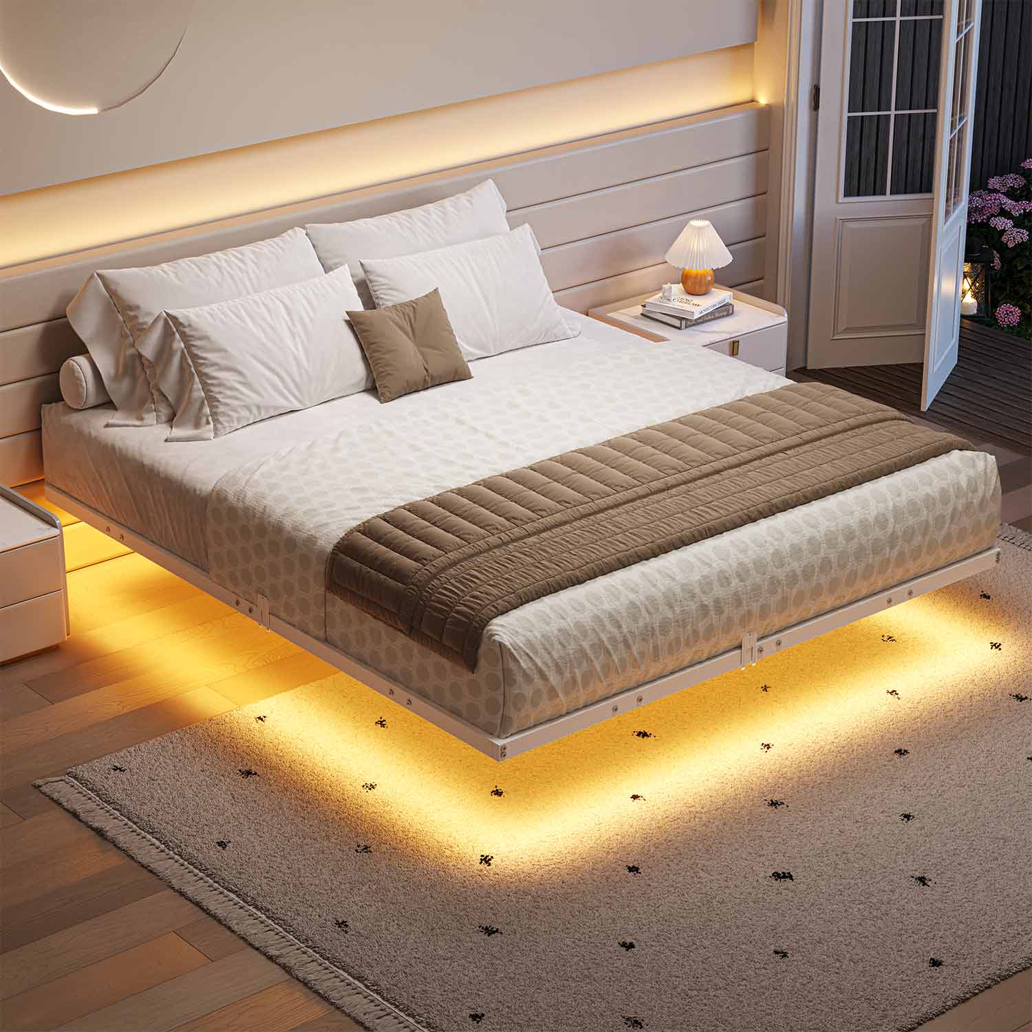 Sikaic Bed Frame Floating Bed Frame with LED Lights Metal Platform No Box Spring Needed White